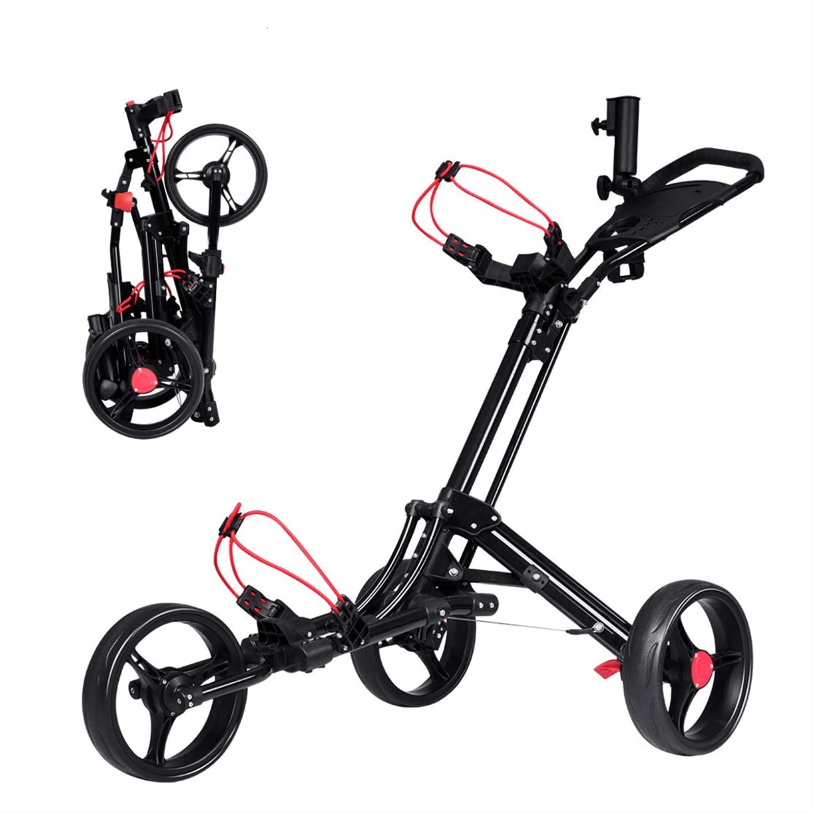 DREAMADE Golftrolley Golfwagen klappbar, Golfcart aus Aluminium mit schnellem Klappmechanismus, 3-Rad-Gofwagen mit Bremse Anzeigetafel Regenschirmhalter Basis, Schwarz
