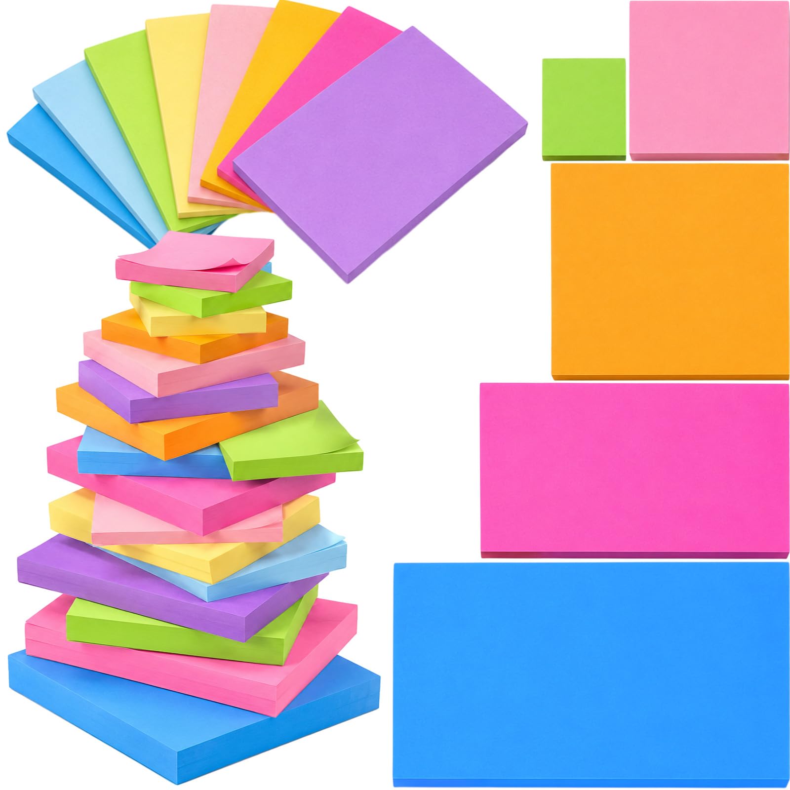 Thenshop Haftnotizen-Set, verschiedene Größen, selbstklebend, leuchtend, 8 Farben, selbstklebend, für Zuhause, Büro, Notizbuch, Schule, Post, Memos, 2000 Blatt, 40 Stück