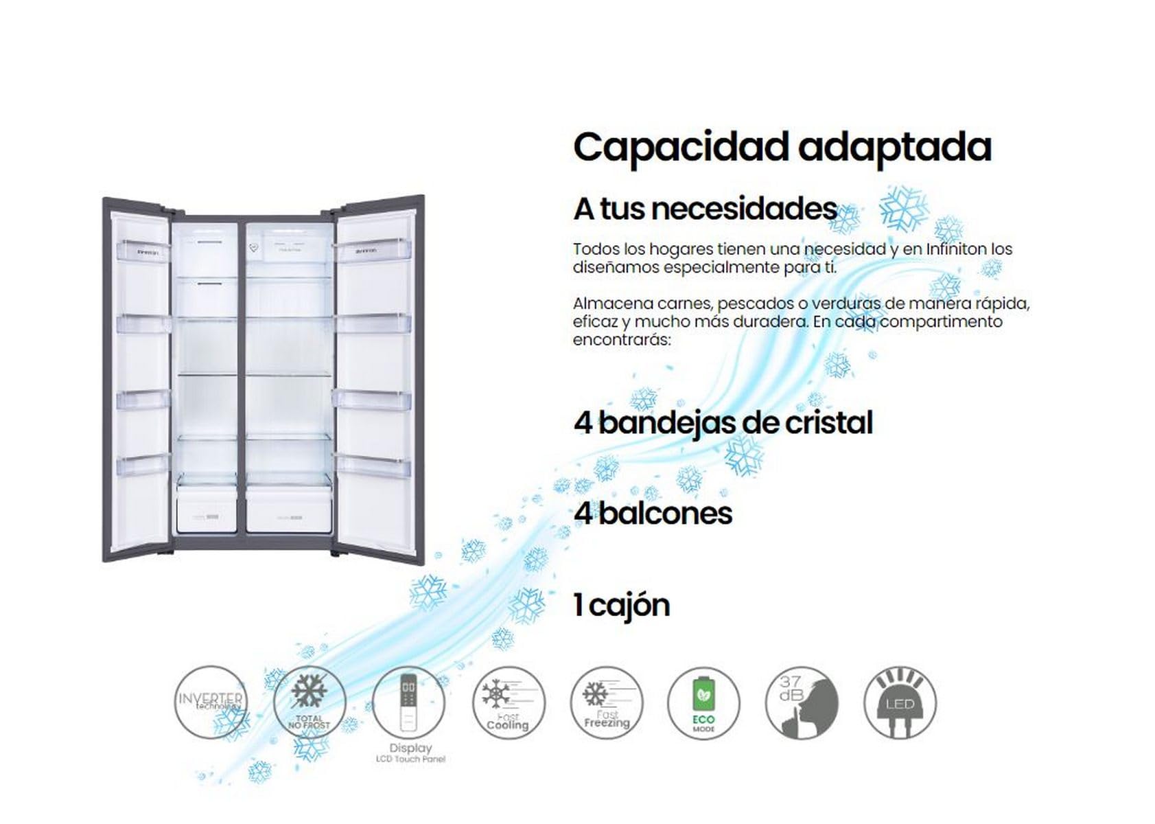 INFINITON Frigorifico Americano SBS-506A77XEM, 505 Litros, 177 cm de Altura, Inverter, Tecnología No Frost TotalFast Cooling y Fast Freezing, Función Eco, E, Inox