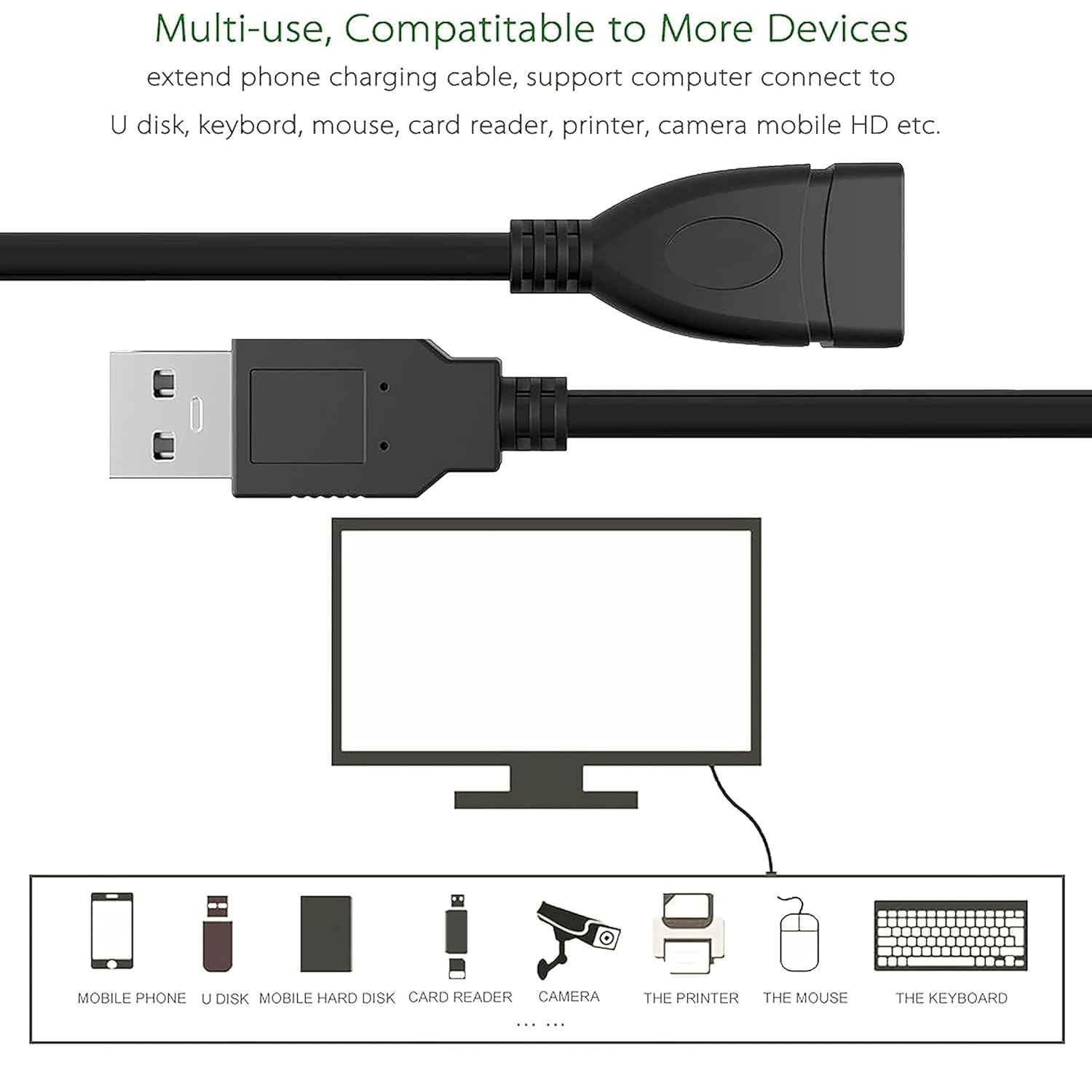 Storite 30CM 1-Pack USB 2.0 Extension Cable, Male to Female 3