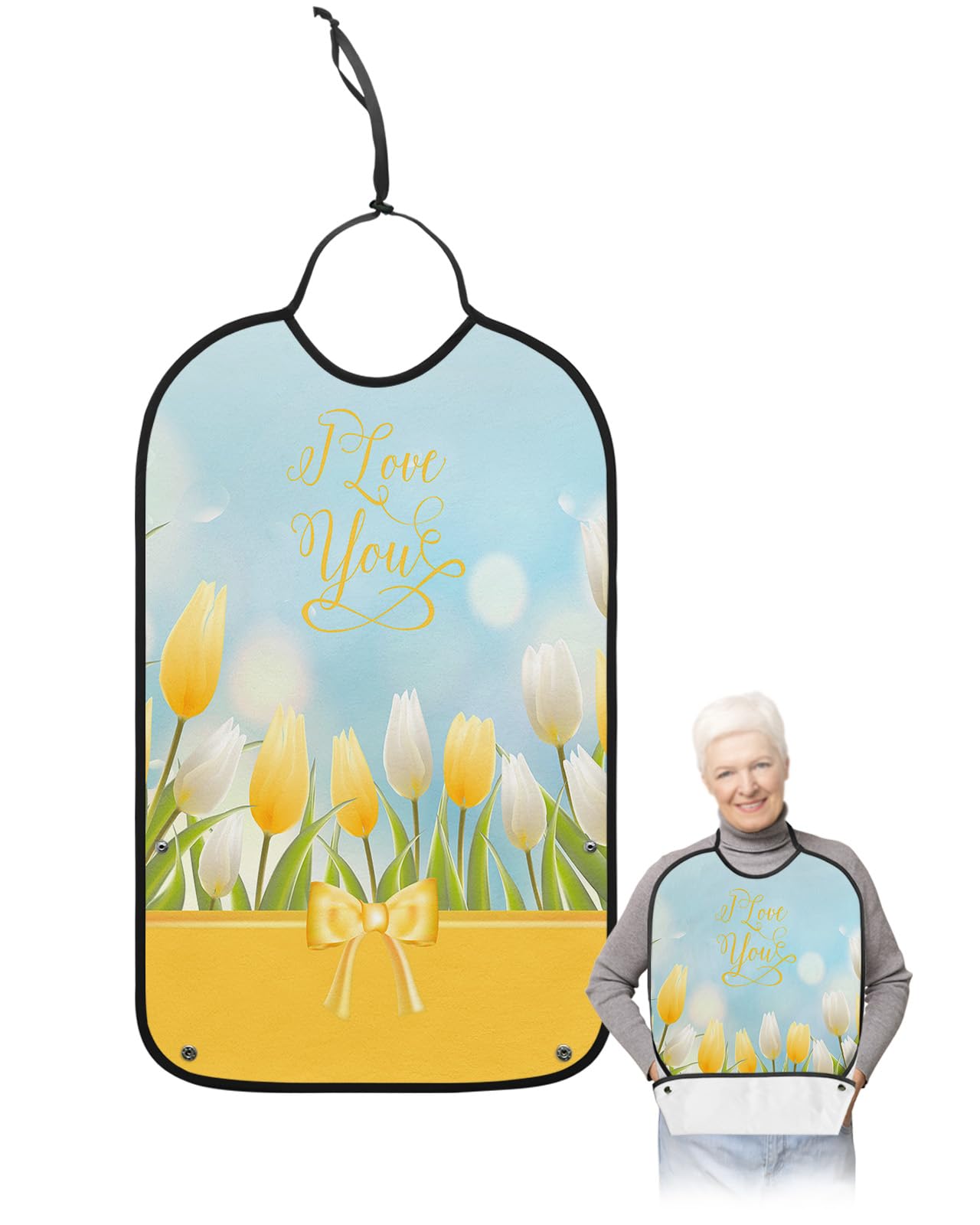 Kewadony Adult Bibs for Elderly Women - Tulip Spring Waterproof Dining Clothing Protectors with Crumb Catcher for Eating/Feeding, Yellow Flowers Terry Cloth Bib Machine Washable