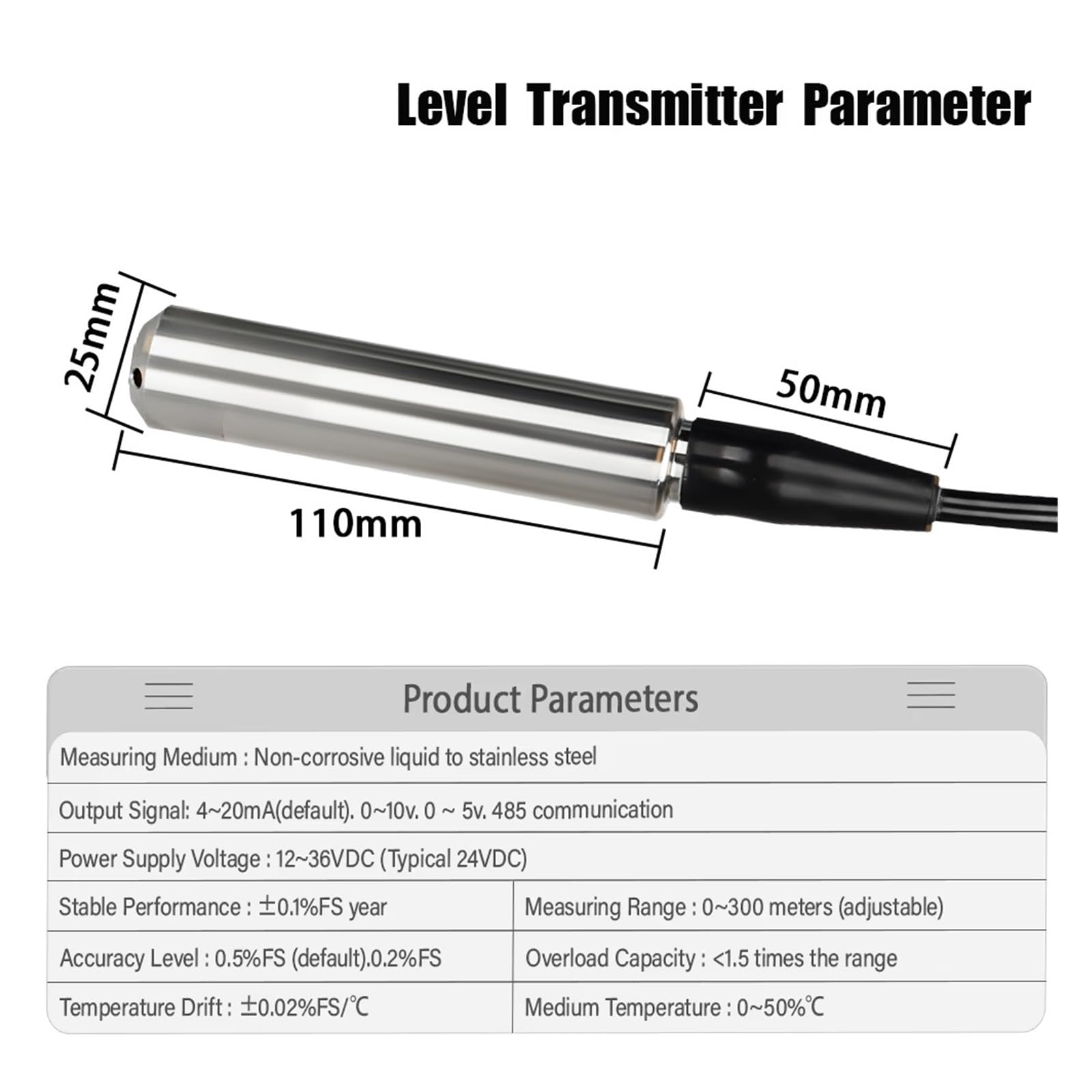 Czujnik Poziomu Cieczy Przetwornik Wody Sonda Detektor Kontroler Wyłącznik Pływakowy Precyzyjna Stabilność(2m Range 5m Cable,4-20mA Output)