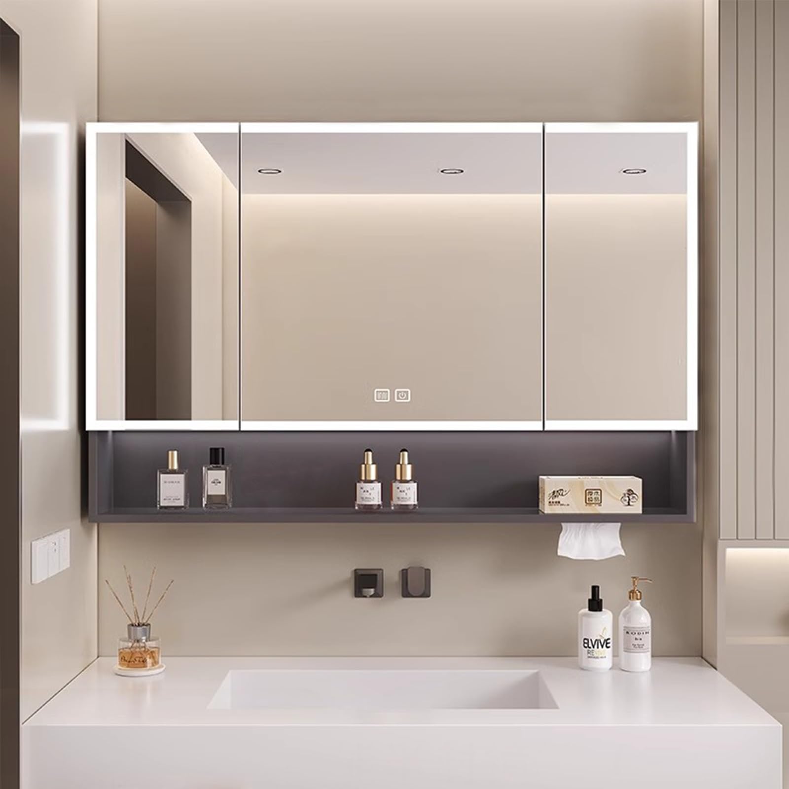 Espejo Baño con Luz, Antivaho, Espejo de Baño con Almacenaje, Armario Baño Pared, Mueble Espejos de Baño para Salón, Dormitorio