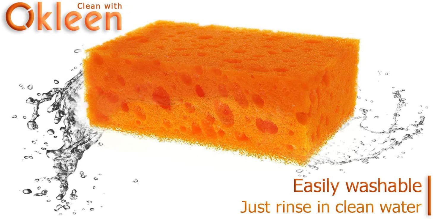 Esponja exfoliante multiuso naranja. Fabricado en Europa. Paquete de 18, 4.3 x 2.8 x 1.4 pulgadas. Fibra resistente e inodora. Estropajo duradero y delicado para horno y estufa, baño y sótano