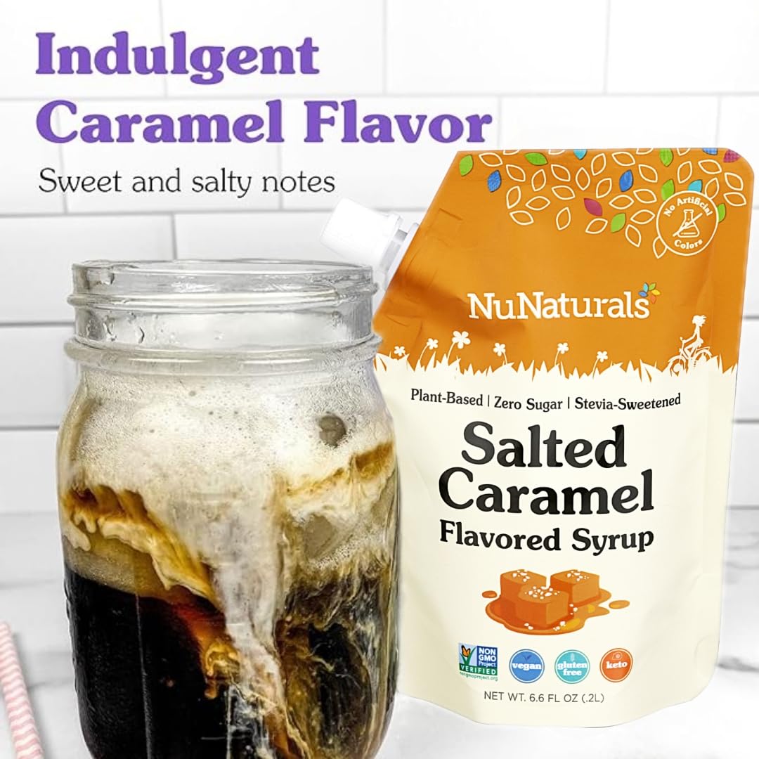 NuNaturals Stevia Syrup, Sugar-Free Sweetener, Plant-Based Sugar Substitute, Zero Calorie, Salted Caramel, 6.6 oz (3-Pack)