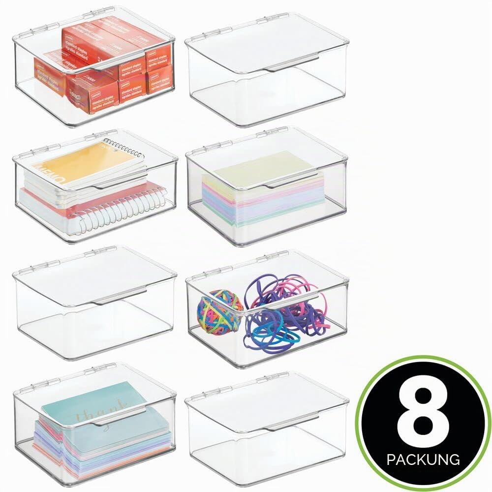 mDesign 8er-Set Schreibtisch Organizer – stapelbarer Büro Organizer aus BPA-freiem Kunststoff – kleine Aufbewahrungsbox mit Klappdeckel für Stifte, Radiergummi und anderes Bürozubehör – durchsichtig