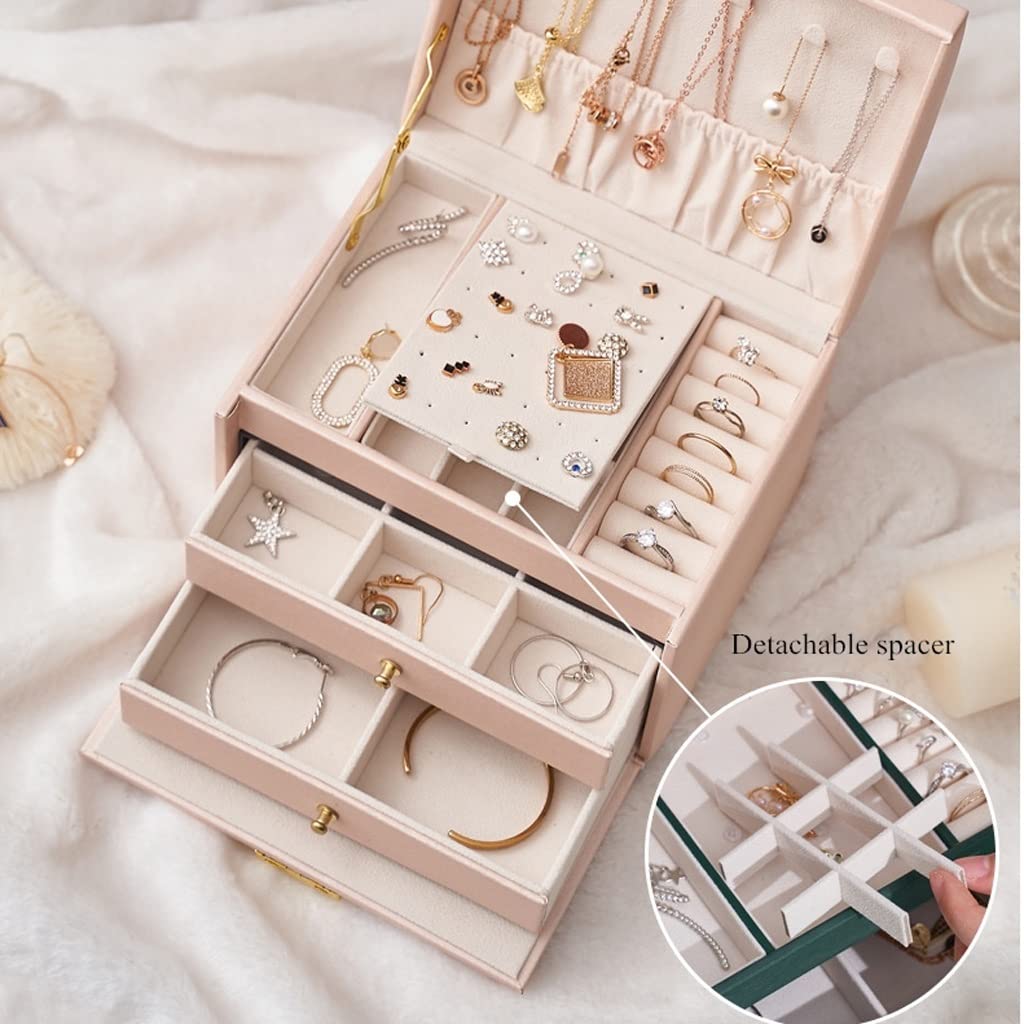 Caja De Joyería Joyero, Senior PU Organizador de joyería de cuero 3 Almacenamiento de joyas de 3 capas con cerradura, caja de joyería de viaje portátil for pendientes anillos Organizador De Joyas(B)