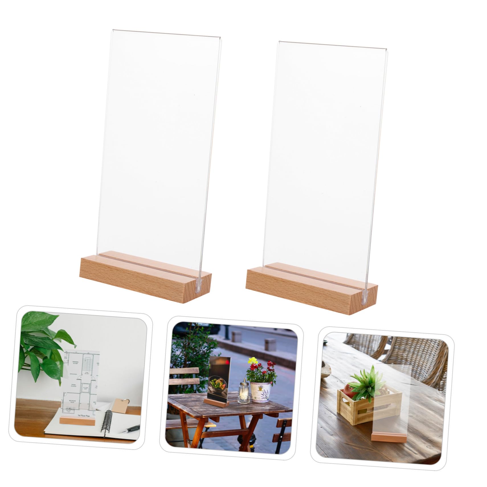 Toyvian Porta Menu in Acrilico a T Base in Legno, 5 Pezzi, Verticale | Ufficio e Numeri Tavolo, Profilo Leggero e Compatto, Stile Moderno, Essenziale, Elegante, da Esposizione
