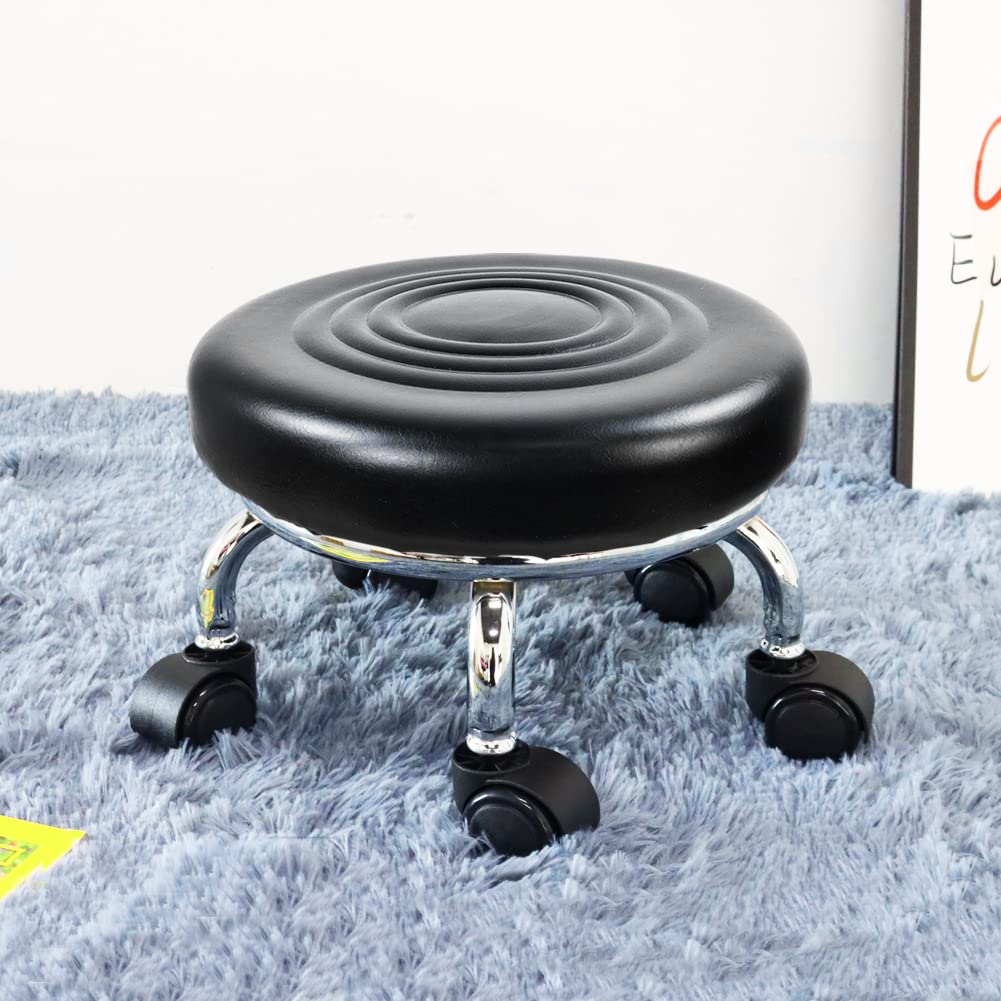 WKWKER moderno sedile a rullo in pelle PU basso rotonda sgabello girevole piccolo sgabello con ruote girevoli universali per home office garage negozio fitness sport, H: 21,3 cm (nero)