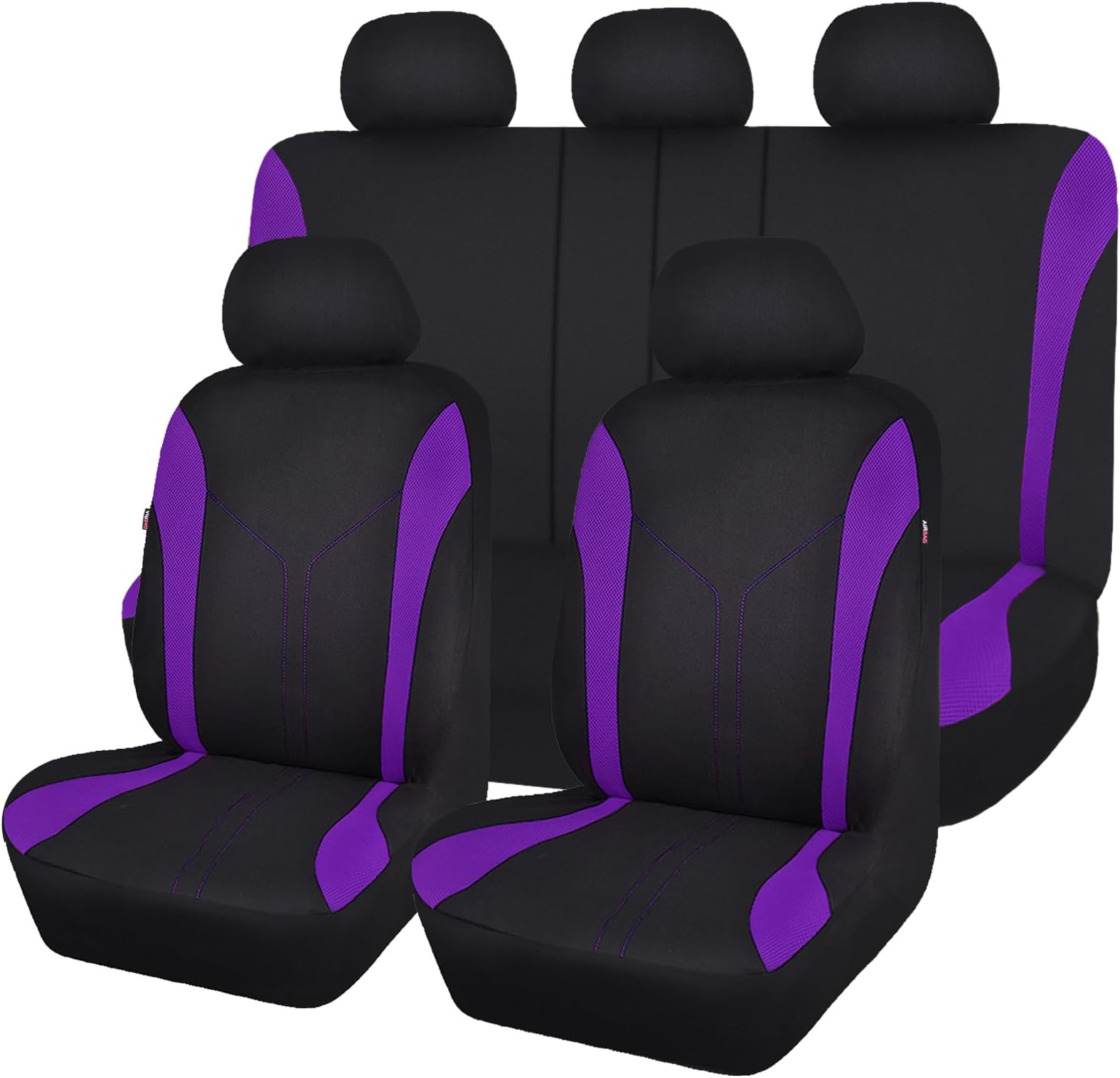 Flying Banner Car Seat Covers Full Set Front Seats and Rear Bench Mesh Fabric Splicing Polyester Cover Black with Purple Color