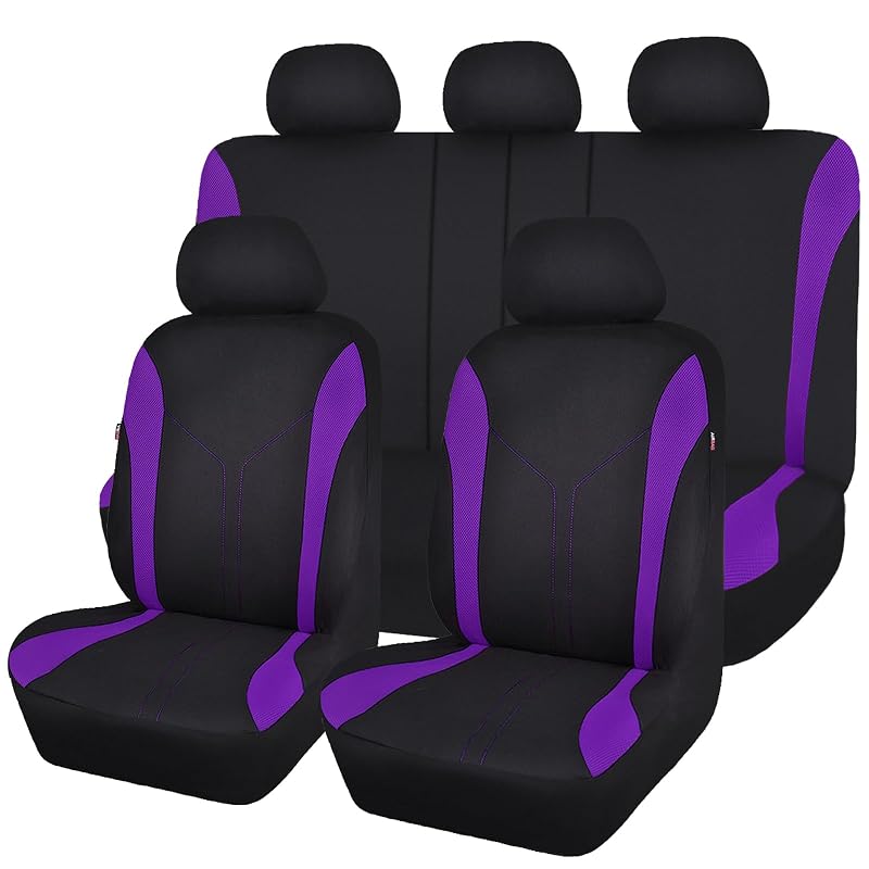 Capa para Banco Automotivo Flying Banner em Poliéster Preto e Roxo com Banco Traseiro Bipartido Kit Completo com 9 Peças