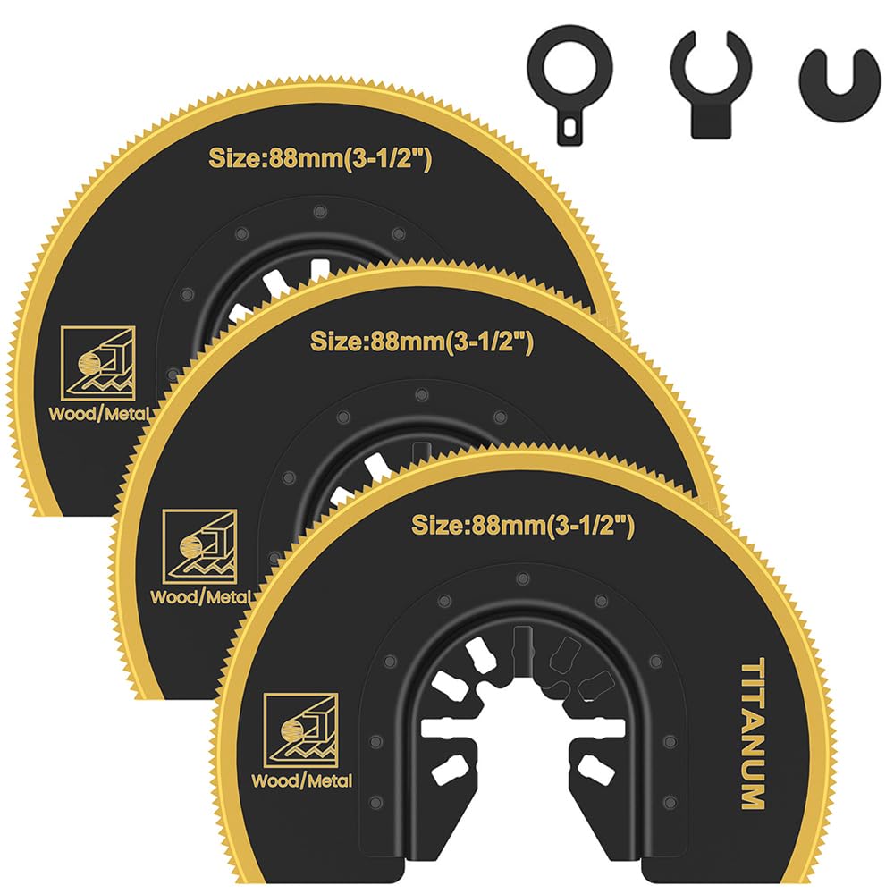 3 Pcs Oscillating Saw Blades, Bi-Metal Titanium Coated Multitool Blades Titanium Semicircular Sharp Oscillating Blades Fast Cutting Saw Blades with
