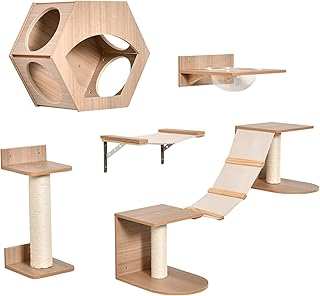 PawHut Cat Tree 5PCs Pet Wall-Mounted Climbing Frame Shelf Set Kitten Perch Activity Center with Hammock, Scratching Post, Jumping Platform, Condo Light Brown