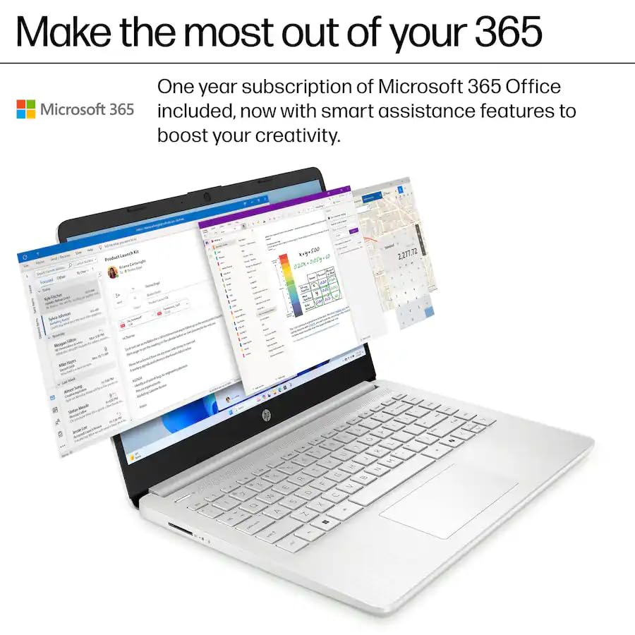 Image of HP 14 inch HD Laptop, Intel Processor N150, 4GB DDR4, 256GB Storage (128GB UFS+128GB SD Card), HDMI, USB-C, USB-A, Bluetooth, WiFi, Copilot, Fast Charge, Microsoft 365, Win 11 Home S Mode, Natural Silver