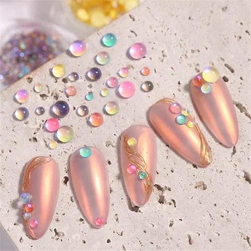 Miniatura 7 de 6 cajas de perlas de arte de uñas, parte inferior plana degradada, mitad redonda, cuentas de burbujas de sirena, tamaño mixto de 0.496 pulgadas
