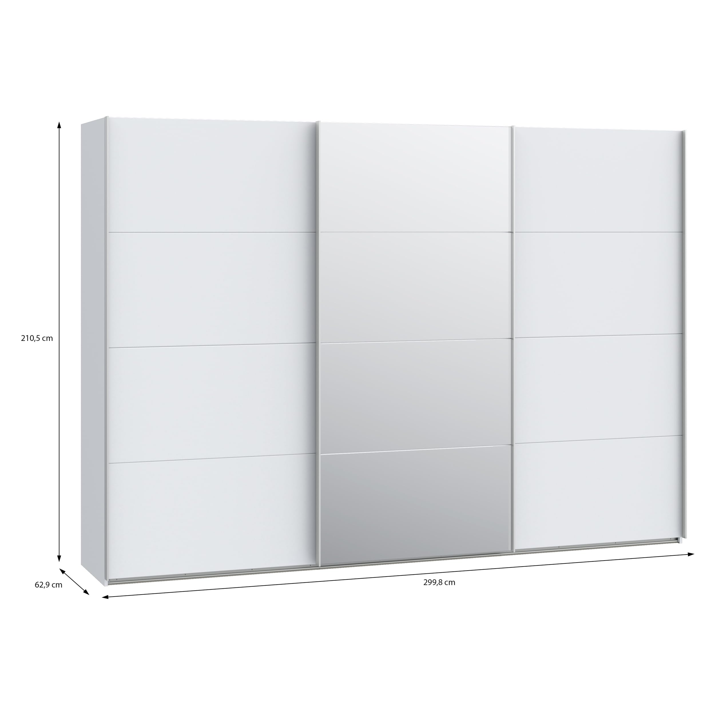 Forte SOPHISTISPACE Kleiderschrank 300, 3-türiger Schwebetürenschrank mit Spiegelfront, Einlegeböden und Kleiderstange, Weiß, 299,8 cm breit, 210,5 cm hoch, 62,9 cm tief