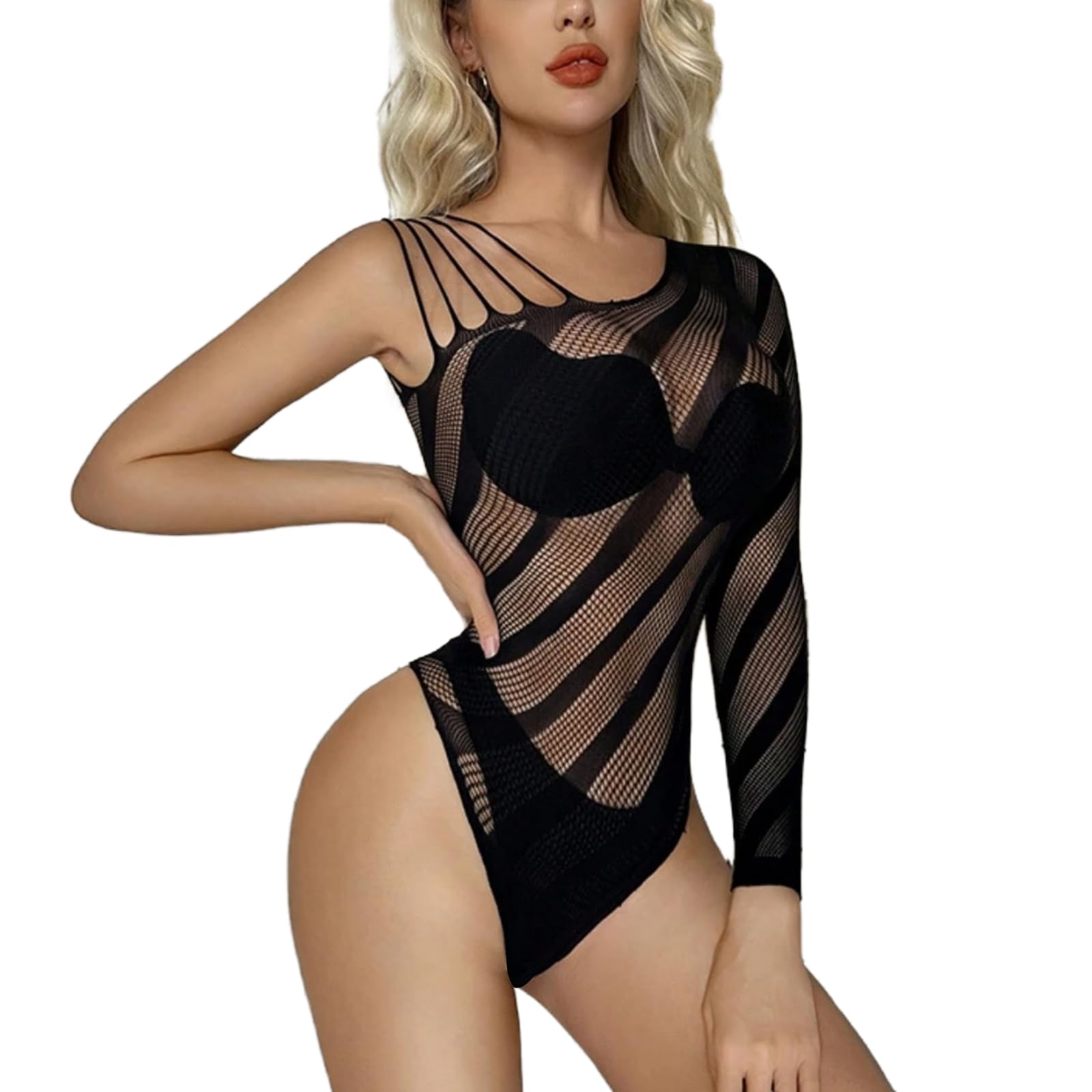 ZWCHGJ Body damskie, Body kabaretki Przezroczysta siateczka Trykot w paski Prześwitujące stringi Top Na jedno ramię Wycięcia Kombinezon Bodycon Teddy Catsuit, impreza, klub, wyjście
