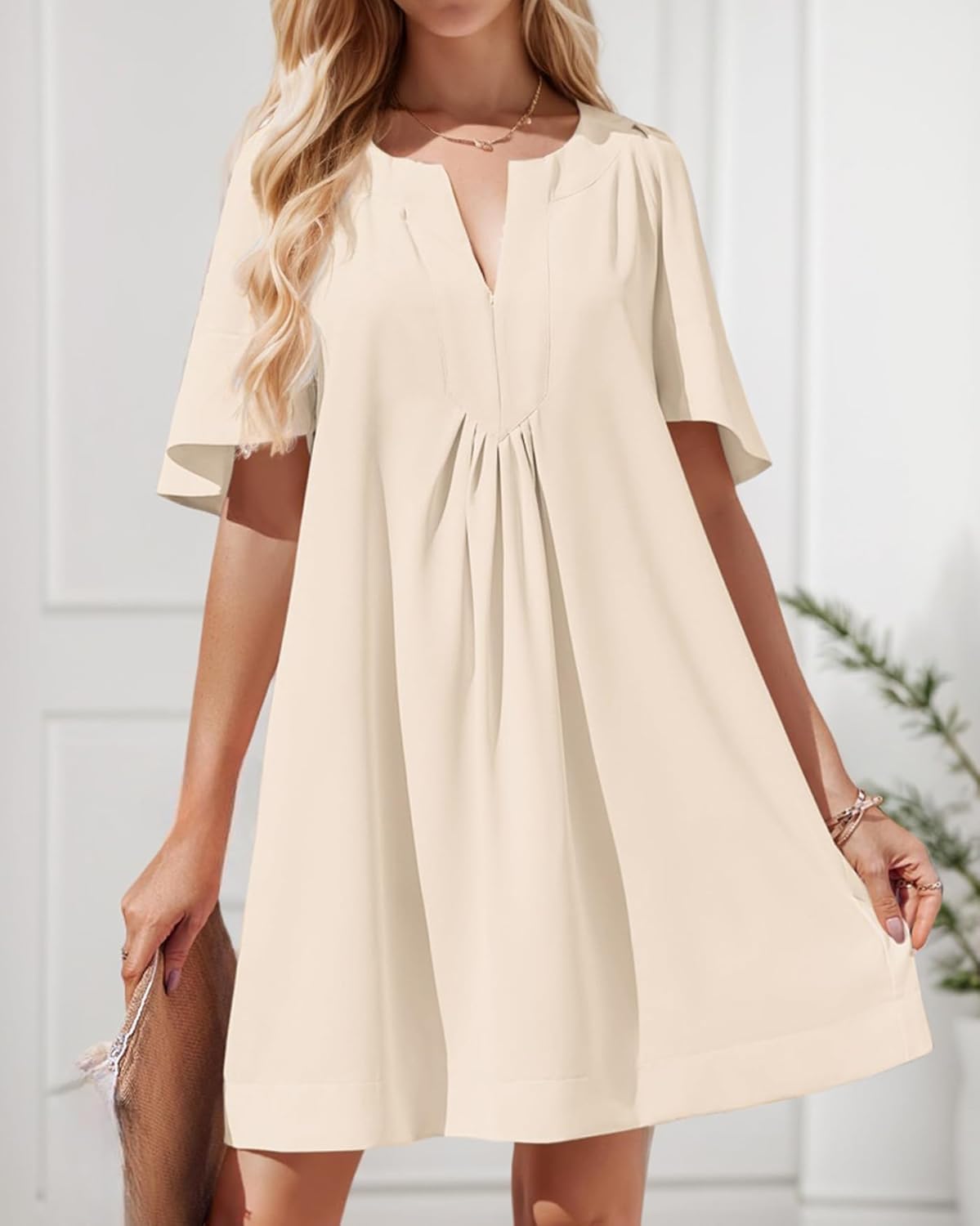 Kedera Women Casual Summer Dresses 2024 Spring V-Neck Oversized Flutter Sleeve Solid Mini Dresses Khaki, Large - Image 7