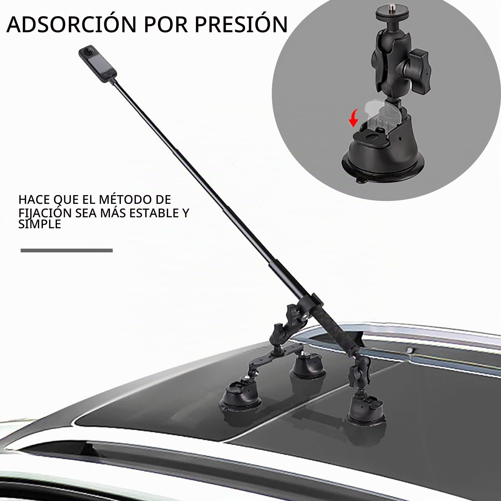 NEWFUN Soporte Camara, Soporte de Ventosa para Coche Kit, Kit Montaje Coche Triple Ventosa, 112 cm Selfie-Stick, Saugnapfhalterung für Dachkamera, Dritte Person Autohalterung für Insta360/Gopro