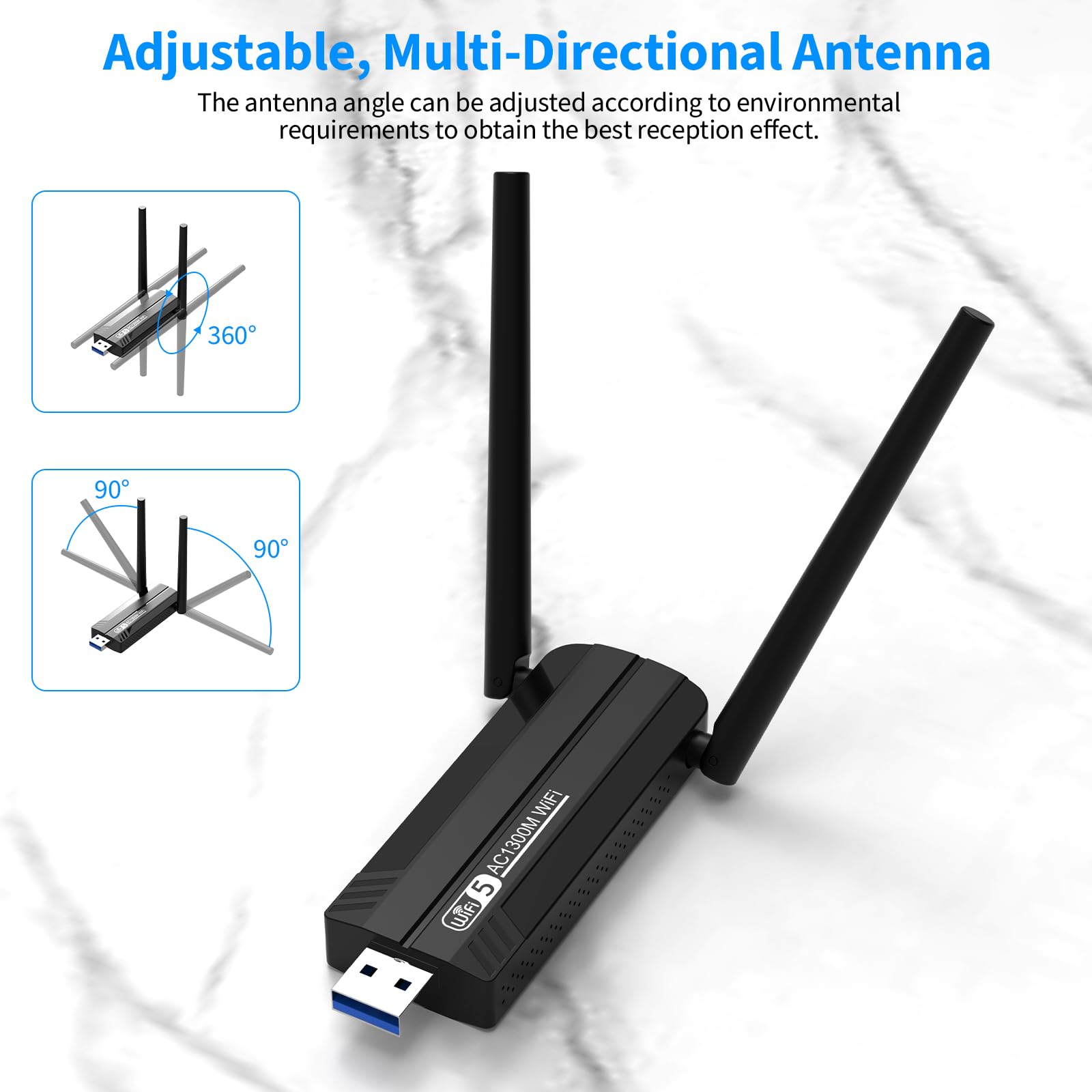 Clé USB WLAN pour PC - Clé Internet 1300 Mbps USB 3.0 double bande 2,4 GHz/5,8 GHz Adaptateur Wi-Fi PC avec 2 antennes 5dBi PC/ordinateur portable, compatible avec Windows 11/10/8/7/Vista/XP, Mac OS