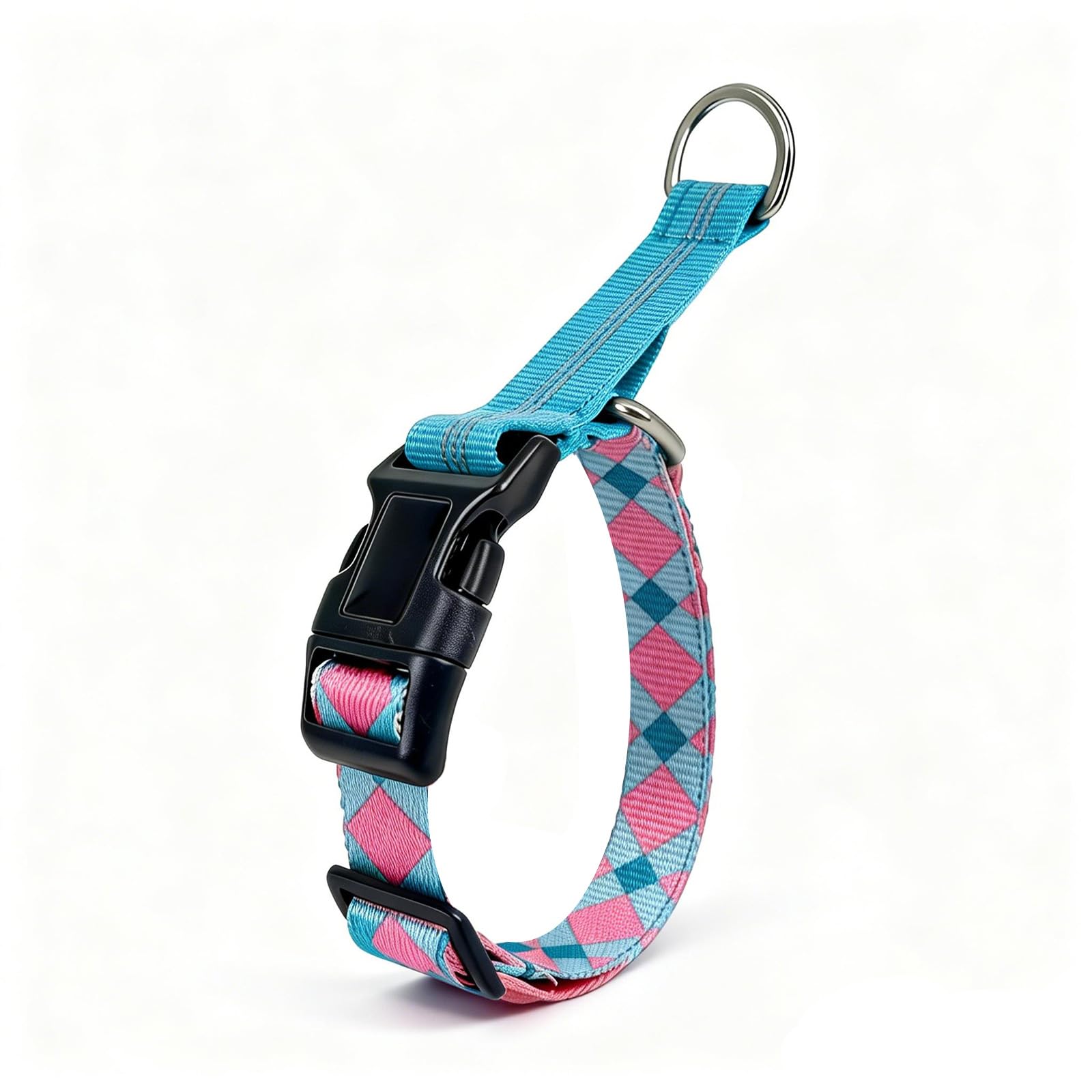 Photo 1 of LEOSASA Personalized Adjustable Dog Collar-Classic Rhombus Pattern, Nylon with Zinc Alloy Quick-Release Buckles, Pink-Blue (L(17.3-24.4))