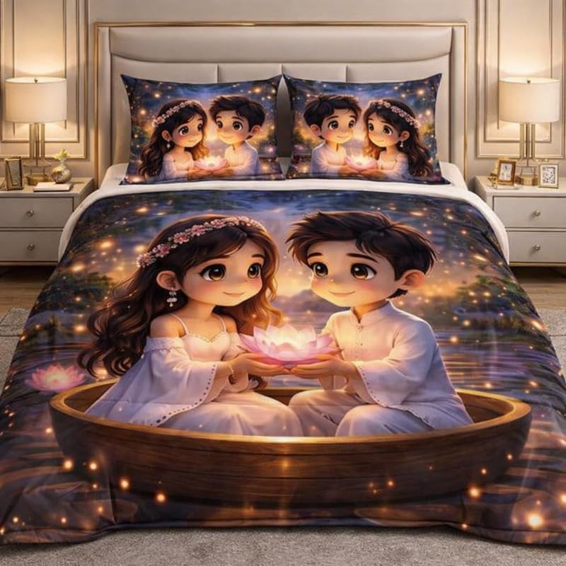 Image of DECOR WELL 7d Bedsheet for Double Bed King Size with 2 Pillow Covers, Polycotton 220 TC Super Soft & Breathable, Wrinkle Free Pink Lotus Couple Printed Double Bed Bedsheet Set (90x100 Inch)