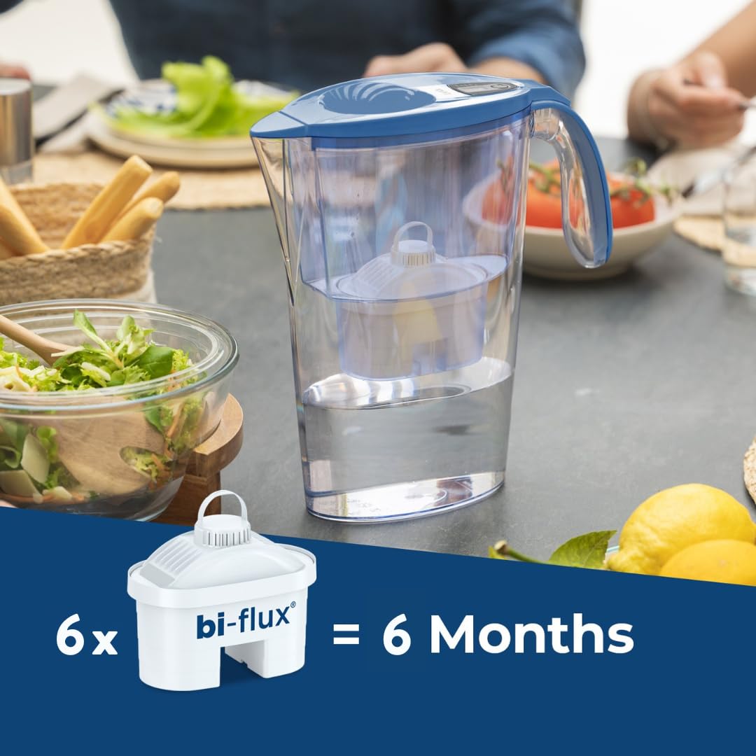 LAICA Stream Line Caraffa Filtrante - 2,3L - Blu - Timer Digitale - 6 Filtri bi-flux Inclusi, Preserva i Sali Minerali Utili all'Organismo e Riduce Cloro e Metalli Pesanti - Made in Italy