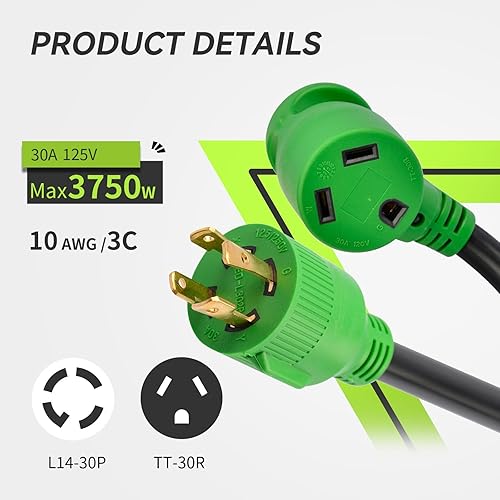 Miniatura 2 de RVMATE Cable adaptador de generador RV de 4 clavijas de 12 pulgadas, 30 amperios a 30 amperios, certificado ETL, STW 104, enchufe macho L14-30P a