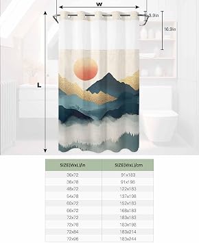 No Hook Shower Curtain with Snap in Liner Set,Abstract Sun Mountain Scenery Waterproof Fabric Shower Curtains Retro Gradient Art on Linen Double Layer Bath Curtain for Bathroom,36Wx72L