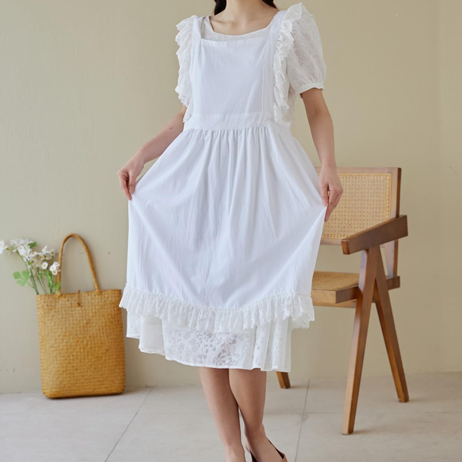 Frilly Fartuch Dla Kobiet, Bawełniany Fartuchy Kuchenne Dla Kobiet, Fartuchów Seksowny Do Ogrodu, Restauracji, KawiarniWhite,One Size