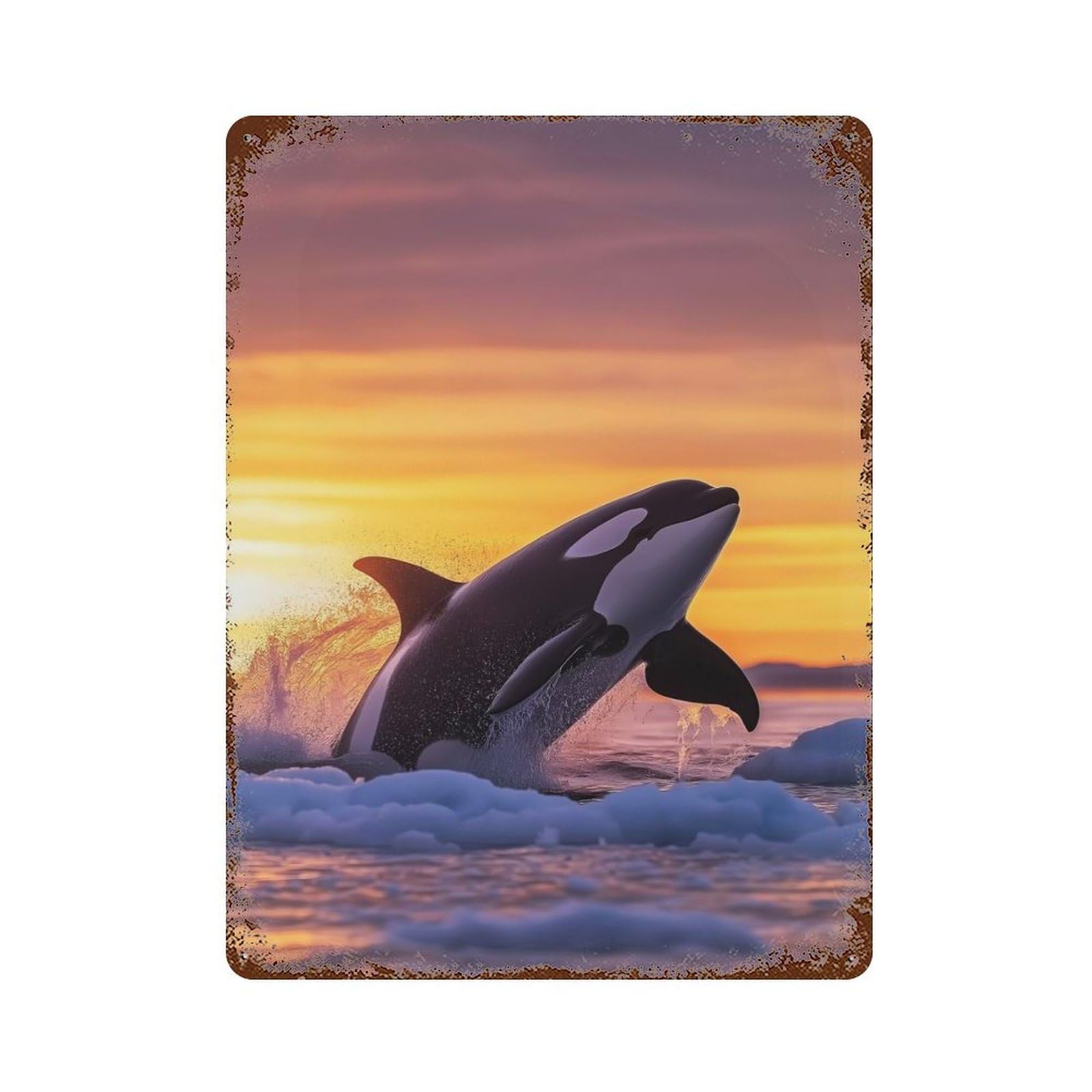 Orca Leaping Sunset in Icy Waters Rusty Metal Tin Sign 15.7"x11.8", for Basement, Hobby Room And Garage Decor, Retro Wall Decor