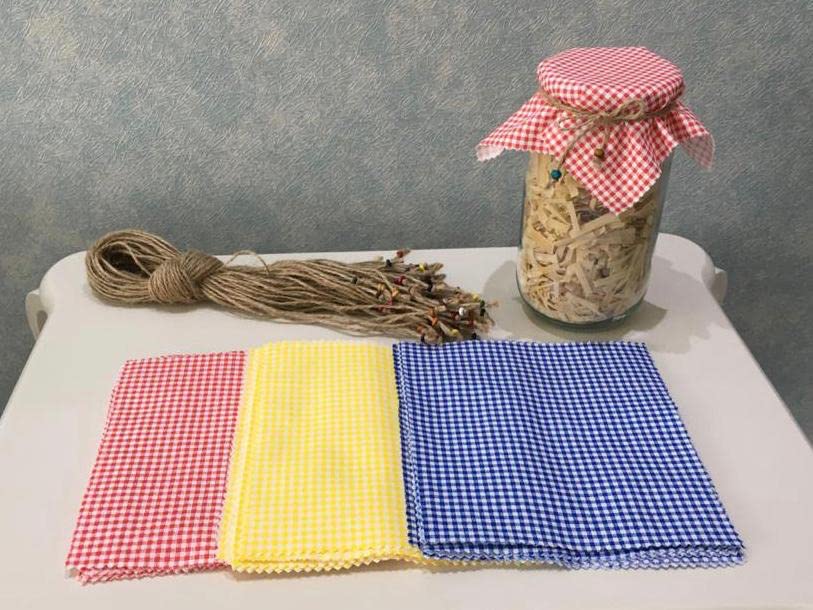 50 Pieces% 100 Cotton Checkered (Gingham) Fabric Jar Lid Cover Cloth- 6.7'' Jar Lid Cover Cloth With 50 Pieces Beaded Jute Rope