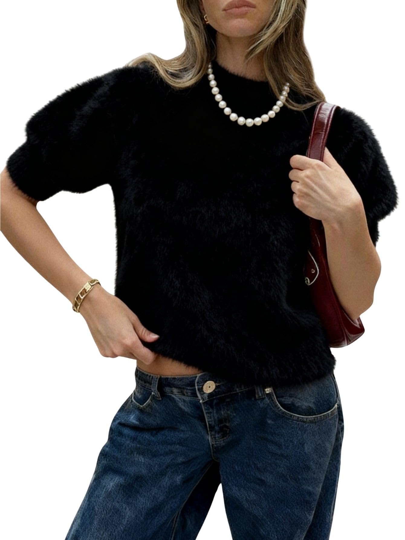 Verdusa Womens Furry Fuzzy Sweater Puff Short Sleeve Pullover Knit Sweater Cropped Sweaters