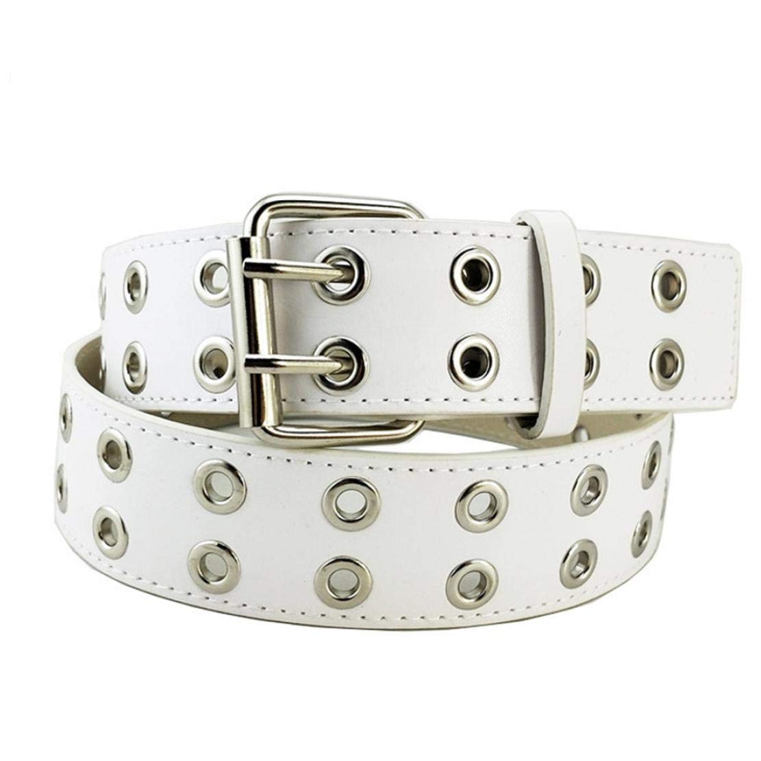 Byfri Unisex White Double Eyelet Grommet Pu Leather Belt Hollow Rivets Punk Waist Belt Double Prong Belt Buckle(White)