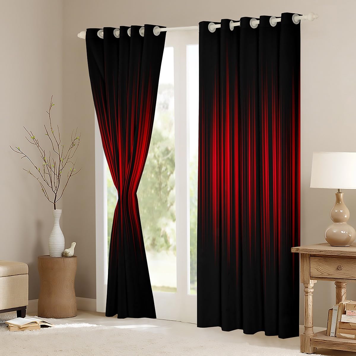 Homemissing Red and Black Ombre Window Curtains Geometric Abstract Ombre Darkening Dreapes Red and Black Striped Blackout Curtains for Kids Boys Girls Stripes Window Treatments W66*L90 - Image 3