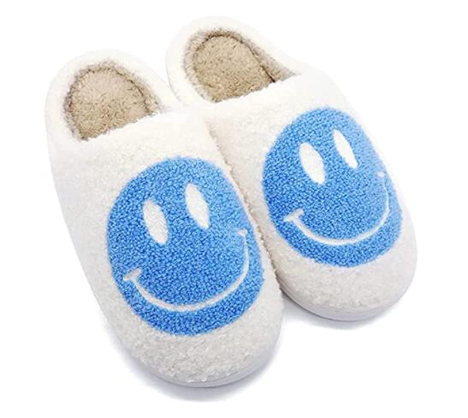 JQAMSmiley Face Slippers for Women,Fuzzy Smiley Slippers with Smile,Fluffy Home Indoor Outdoor Shoes,Lightweight and Non-Slip (Color : Blue, Size : 9-10)