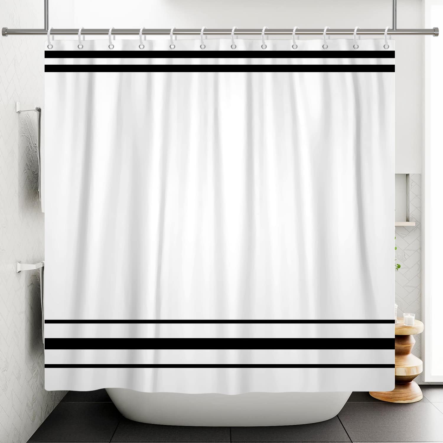 SDOTPMT 105x160cm Black and White Shower Curtain Modern Classic Black Striped Bath Curtain Rustic Farmhouse Minimalism Bathtub Curtain for Bathroom Decor Waterproof with Hooks - Image 3