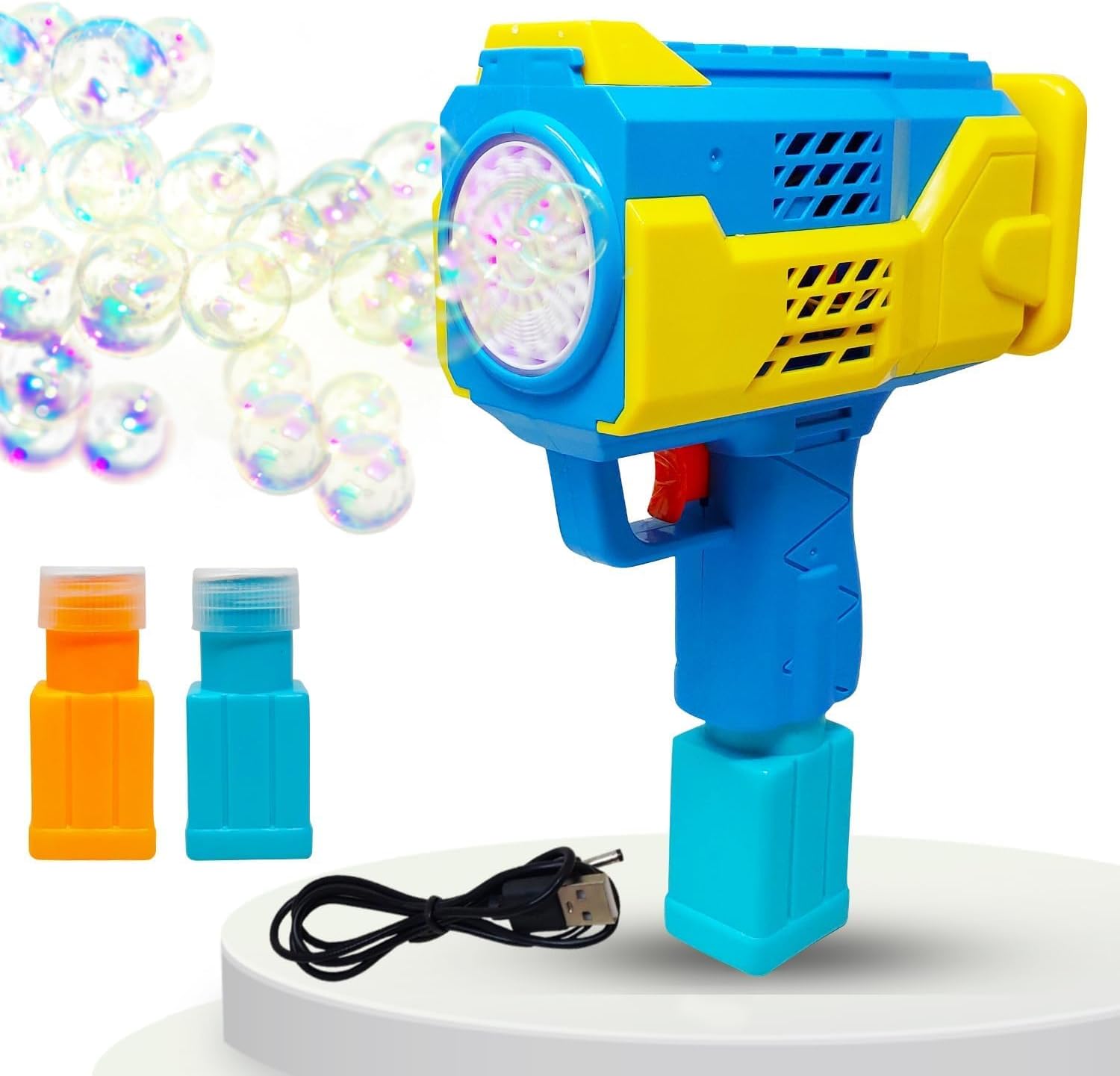 XIZA Rechargeable Bubble Machine for Kids - Automatic Bubble Gun,with Light and Sound | Gun is Leak-Proof Design with 2 Bubble Solution,1 Charging Cable Toddler Outdoor Toys,Gift for Kids(Assorted)