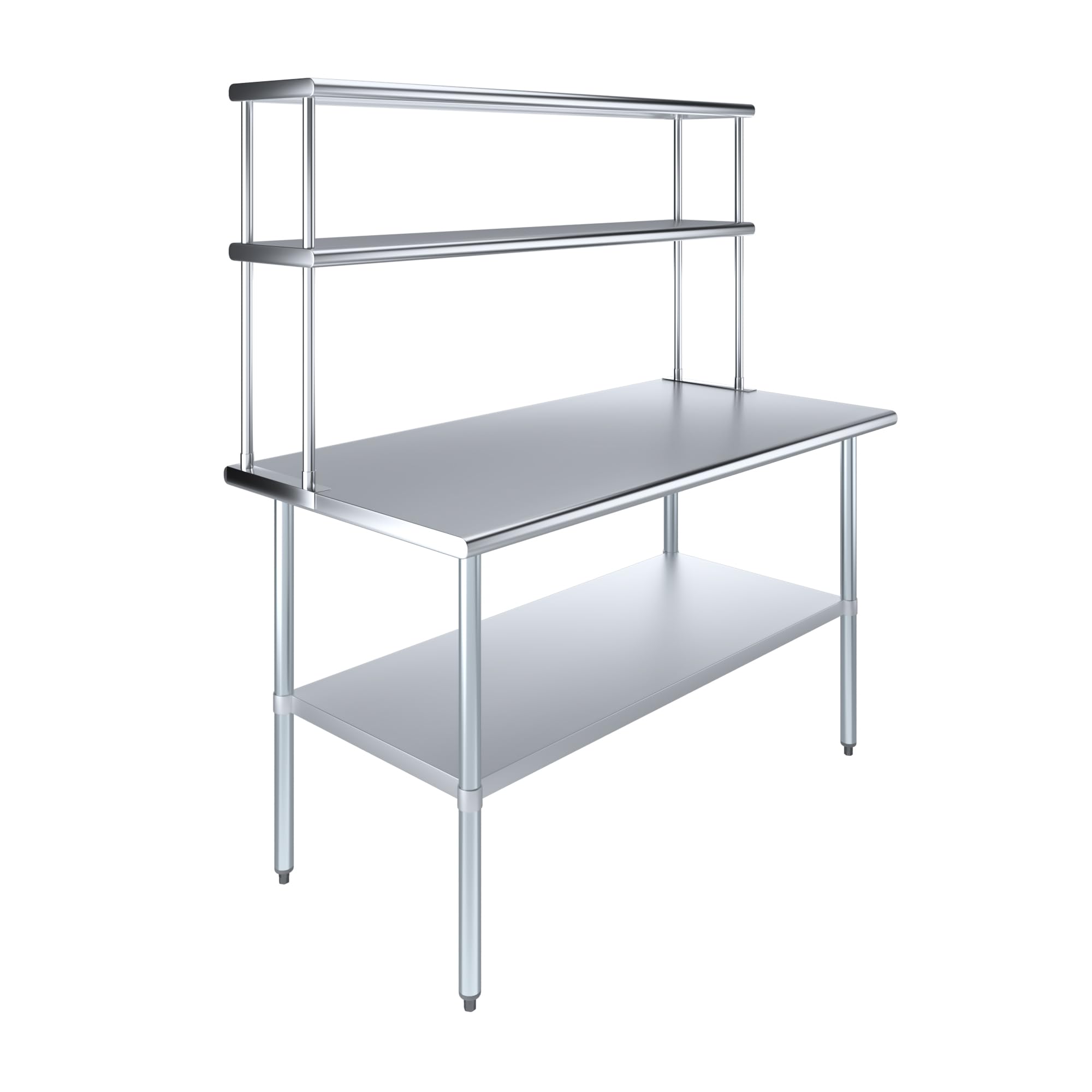 AmGood Stainless Steel Work Table with 12" Wide Double Tier Overshelf | Metal Kitchen Prep Table &amp; Shelving Combo | NSF (Stainless Steel Table with Double Overshelves, 60" Long x 30" Deep)