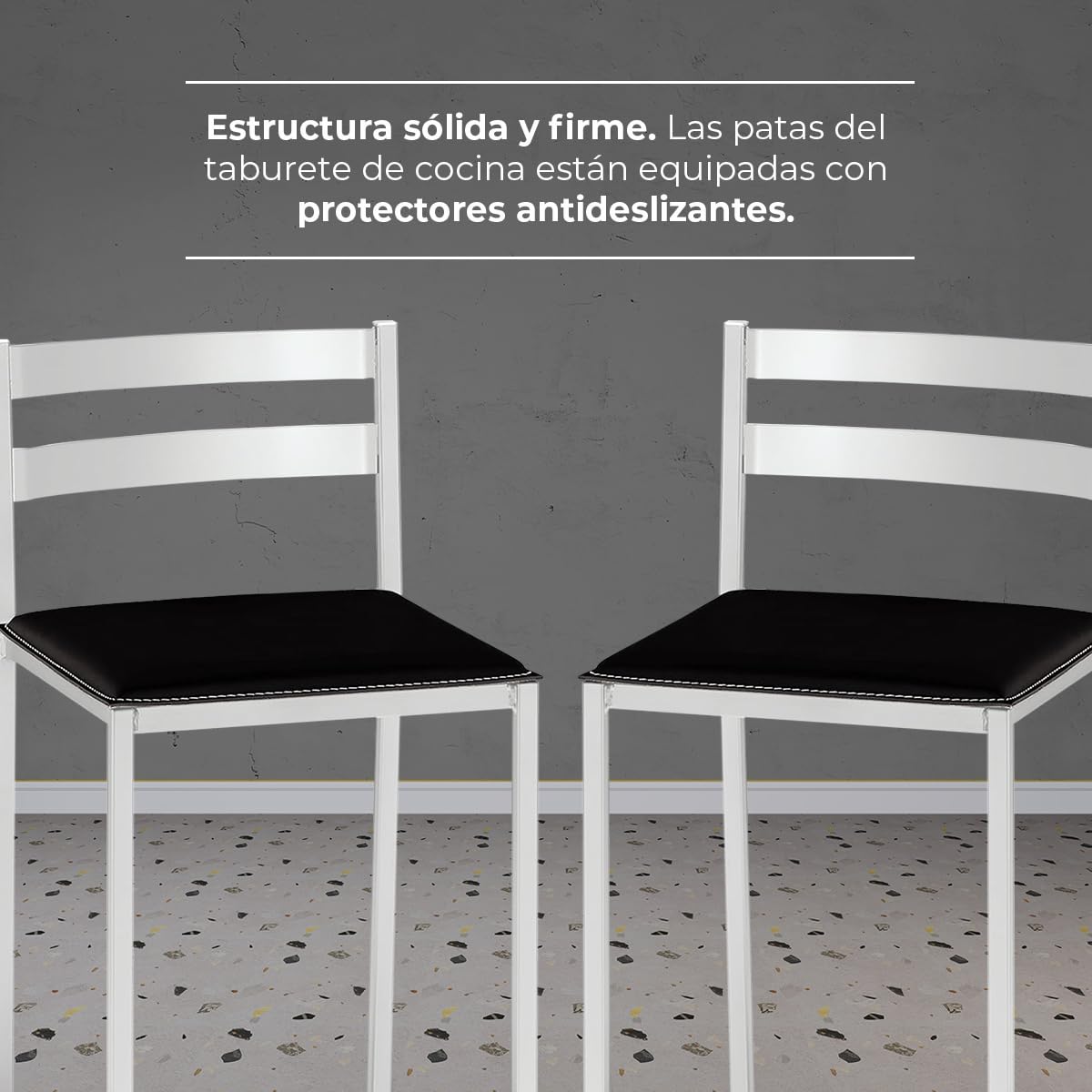 2 Taburetes de Cocina con Respaldo bajo, Franjas horizontales y Asiento tapizado - Estructura Color Blanco - Asiento en Polipiel Negro