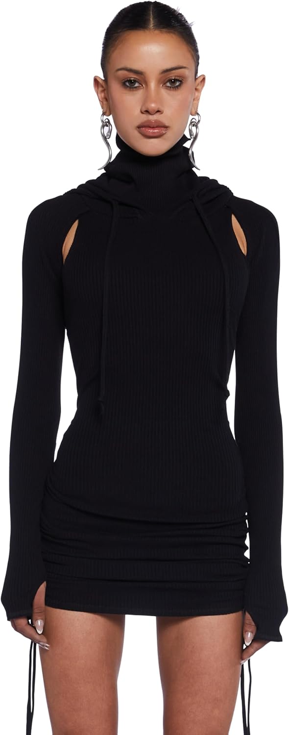Dolls Kill Compression Ruched Mini Dress by Darker WAVS – Stretchy Hooded Mini Dress with Racerback Cut-Out & Adjustable Ties