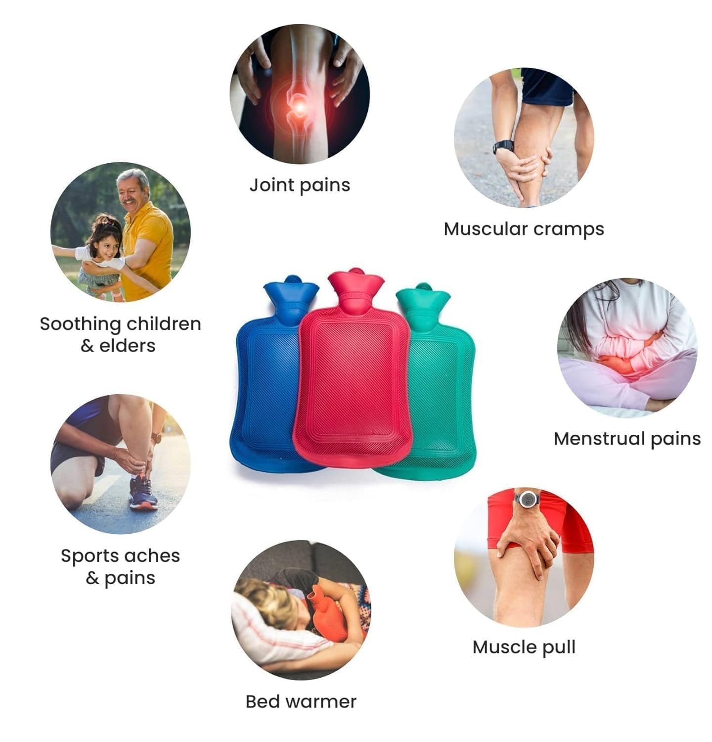 AANAHIL Rubber Hot Water Bag, for Joint Pains, Menstrual Cramps & Muscle Relief, 1000ML Capacity, Assorted Colours 2