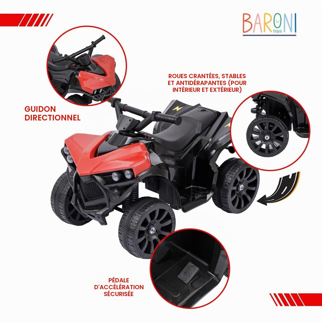 Baroni Toys Quad électrique pour Enfants 1-4 Ans avec Guidon, Effets sonores et Lumineux, Quad avec Marche Avant et arrière, Batterie Rechargeable 6 V, Facile à Assembler, 70x42x45 cm (Rouge)