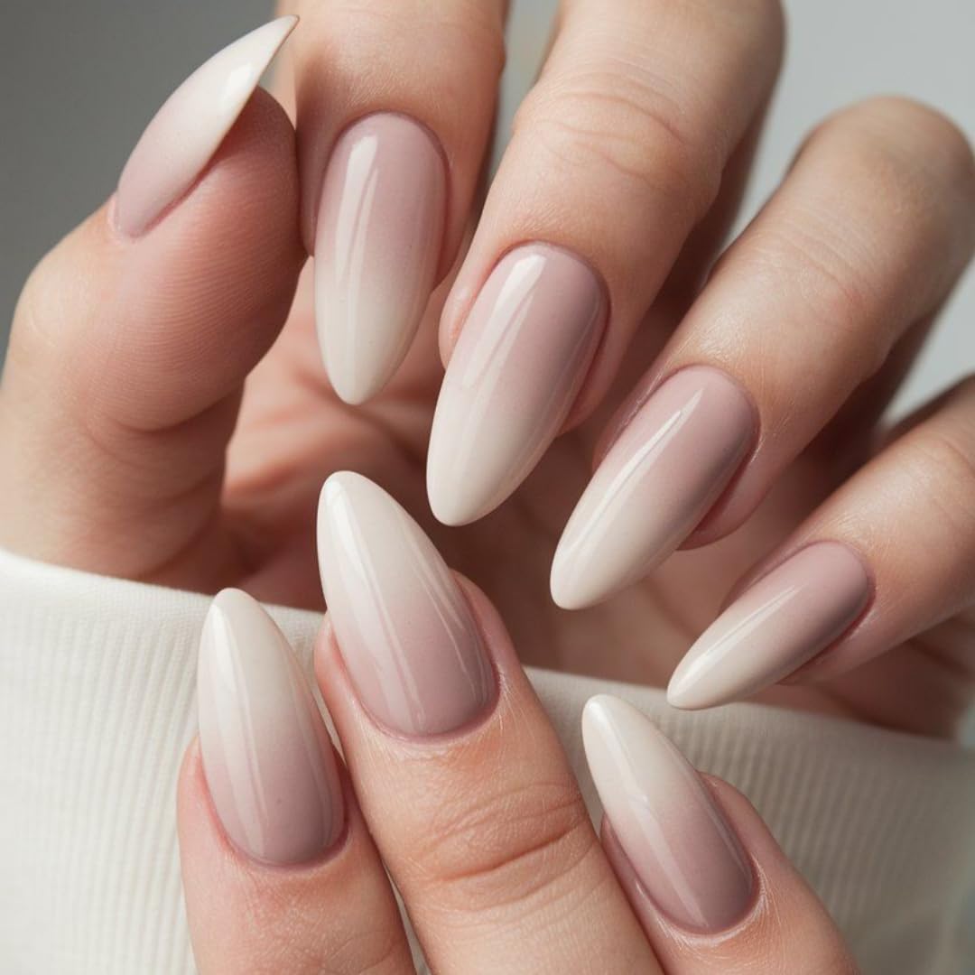 KQueenest Ombre Pink Press on Nails Almond Medium, French Tip False Nails Almond, Glossy Gradient Nude Acrylic Fake Nails Set - Image 3