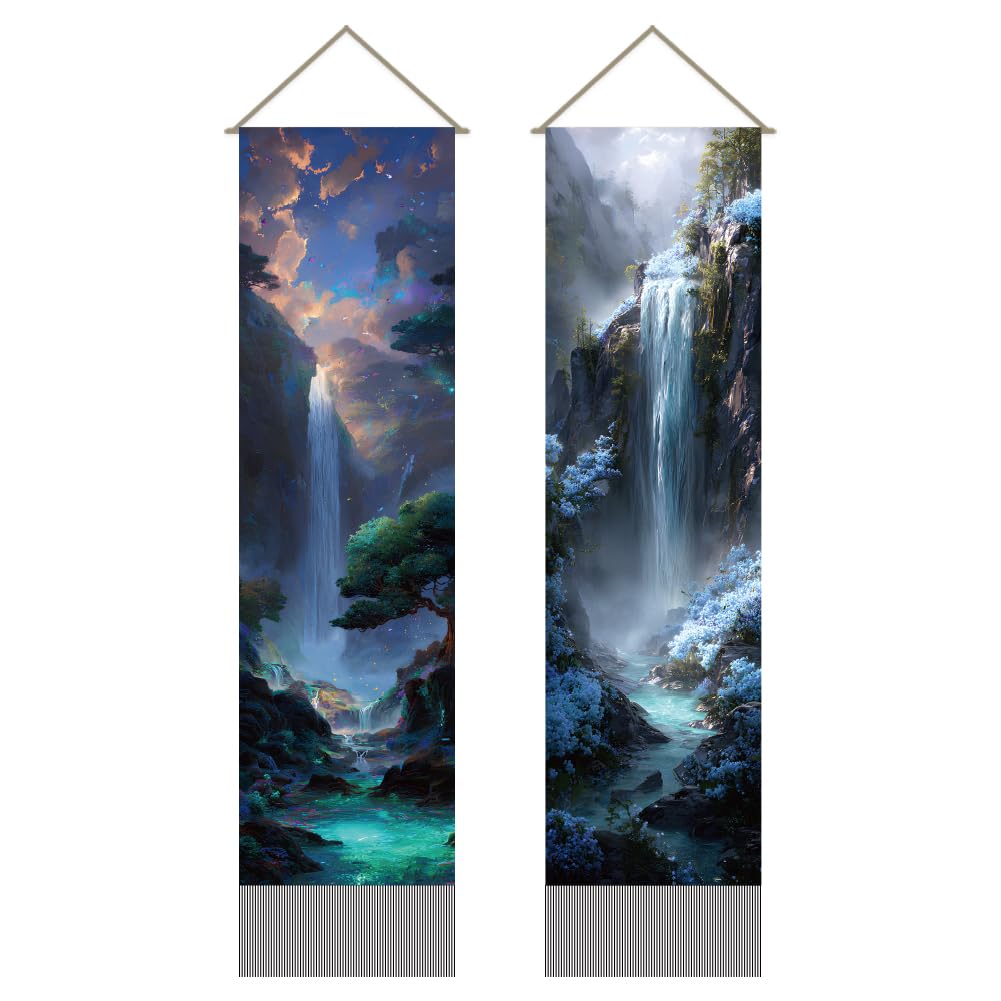 AHANDMAKER 2Pcs Forest Tapestry, Fantasy Waterfall Long Vertical Wall Hanging, Tassel Wall Tapestry Decor Mystic Aesthetic Decorations for Bedroom and Living Room (45.7x13 Inch)