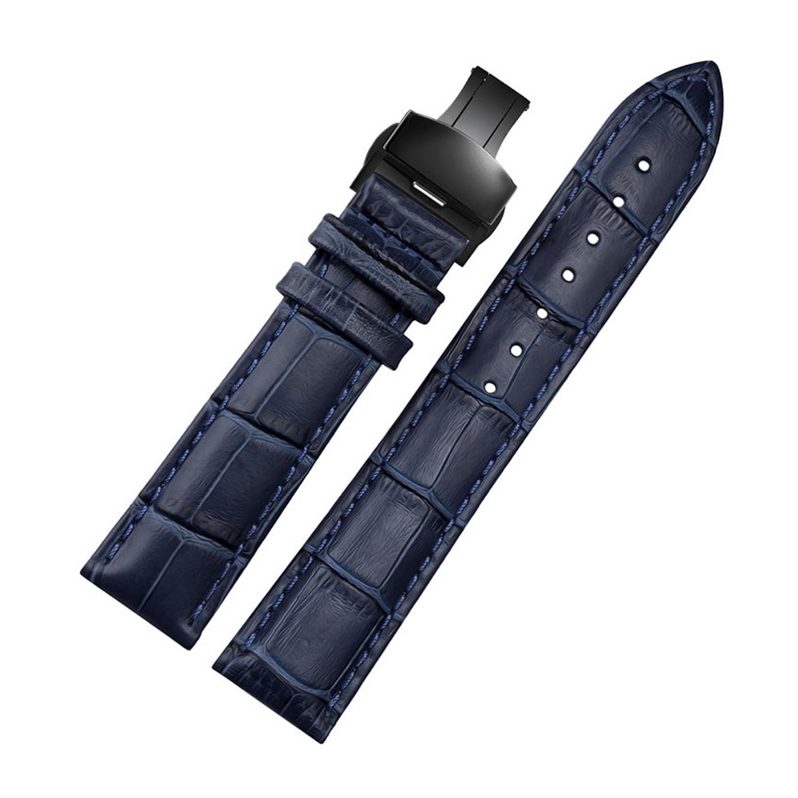 Run Ken Echtes Lederarmband, dunkelblaues Uhrenarmband, Schmetterlingsverschluss-Armband, Größe 16 mm, 18, 20, 21, 22, 23(Blue black buckle,22mm)