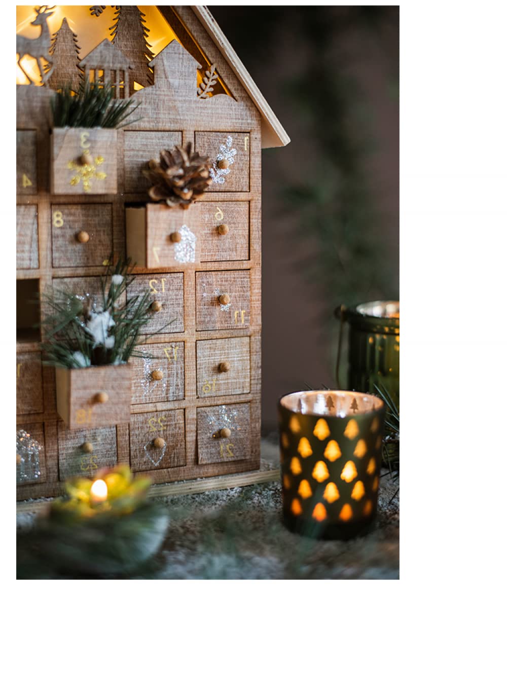 Siqi Countdown To Christmas Calendario de Adviento con luz led de madera, cajonera Candy House