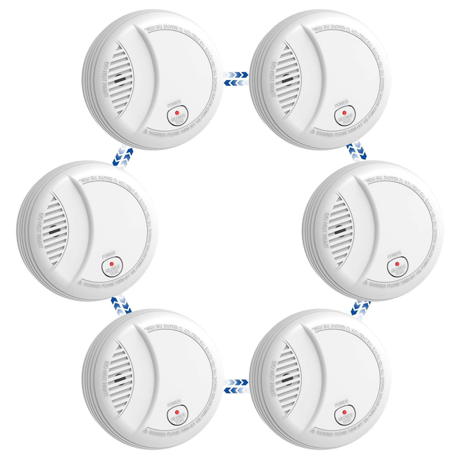 Hapippofa Interlinked Smoke Alarms for Home,10 Year Sensor Life Fire Alarms with Test/Silent Button, Replaceable 9V Battery Powered Smoke Detector,Conforms to EN 14604 Standard,6 PCS