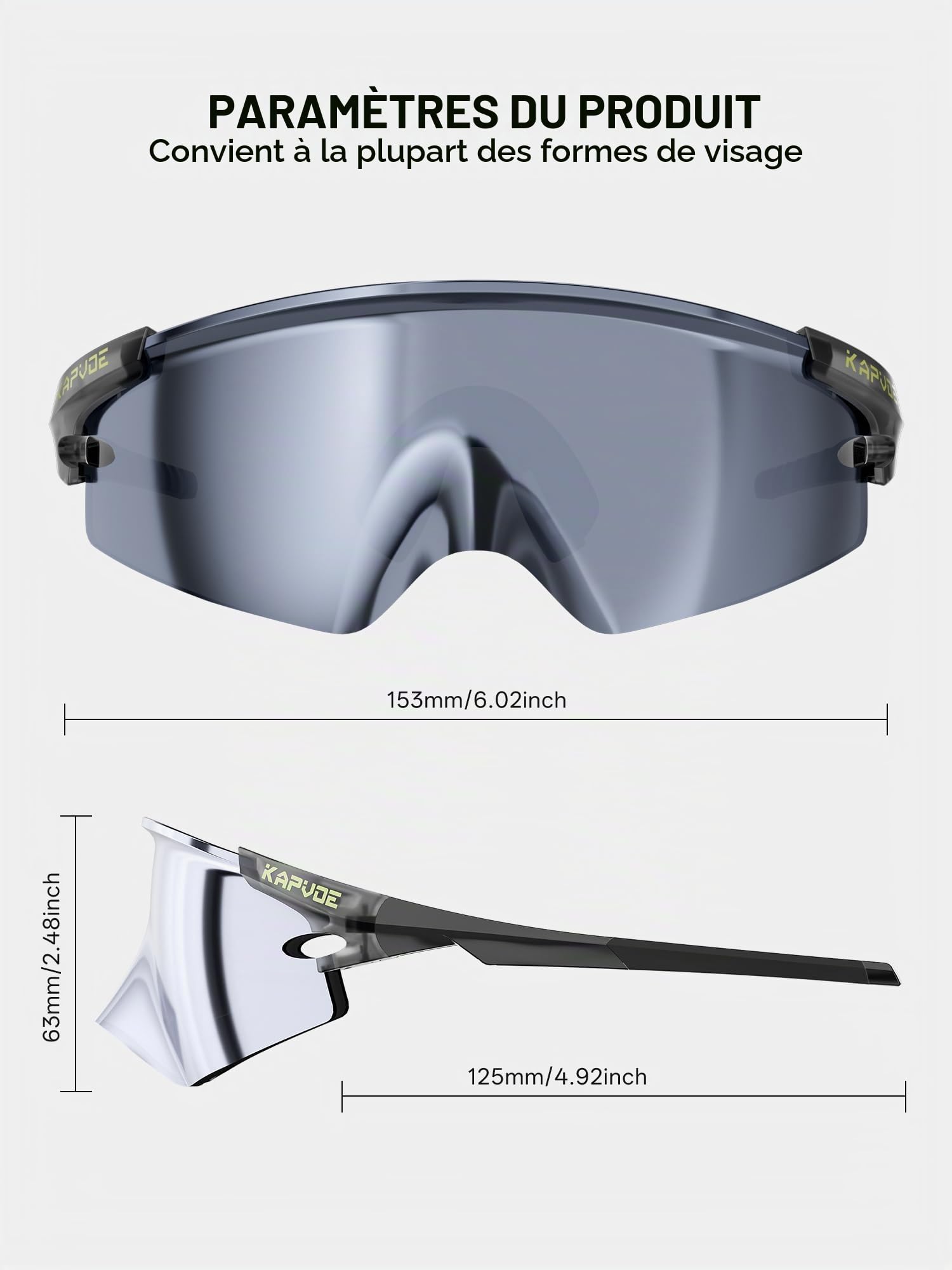 KAPVOE Lunettes Cyclisme Photochromiques & Teintées Homme Femme VTT K410 | Lunettes sport photochromiques et teintées pour homme et femme, conçues pour VTT, course et pêche