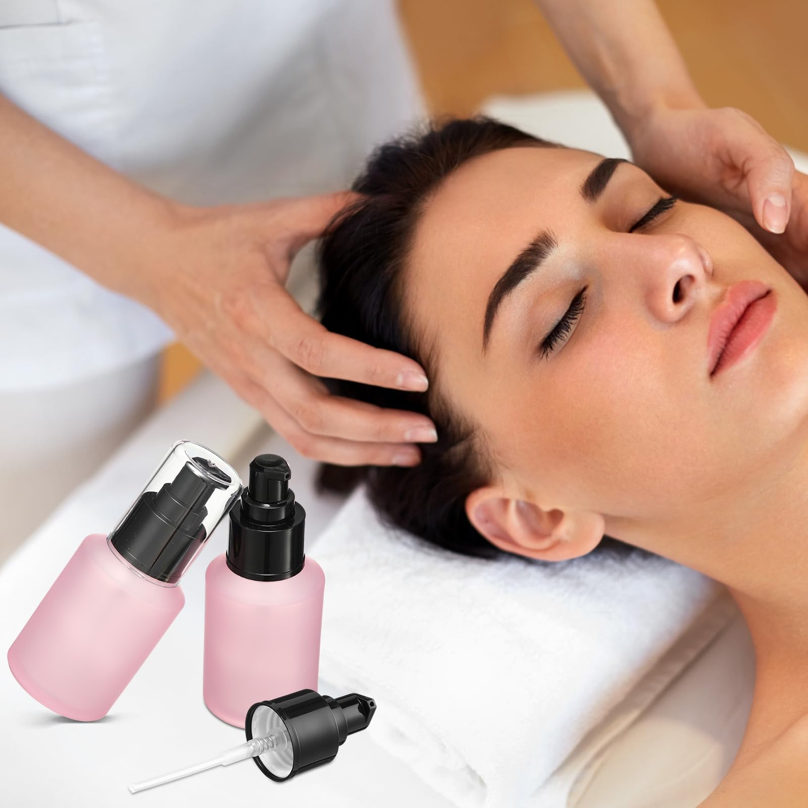 SiliFine 4 botellas de spray de vidrio esmerilado de 2 onzas, botella de vidrio rosa, botella de perfume recargable, reutilizable, botellas de perfume vacías, contenedor de cosméticos de niebla fina